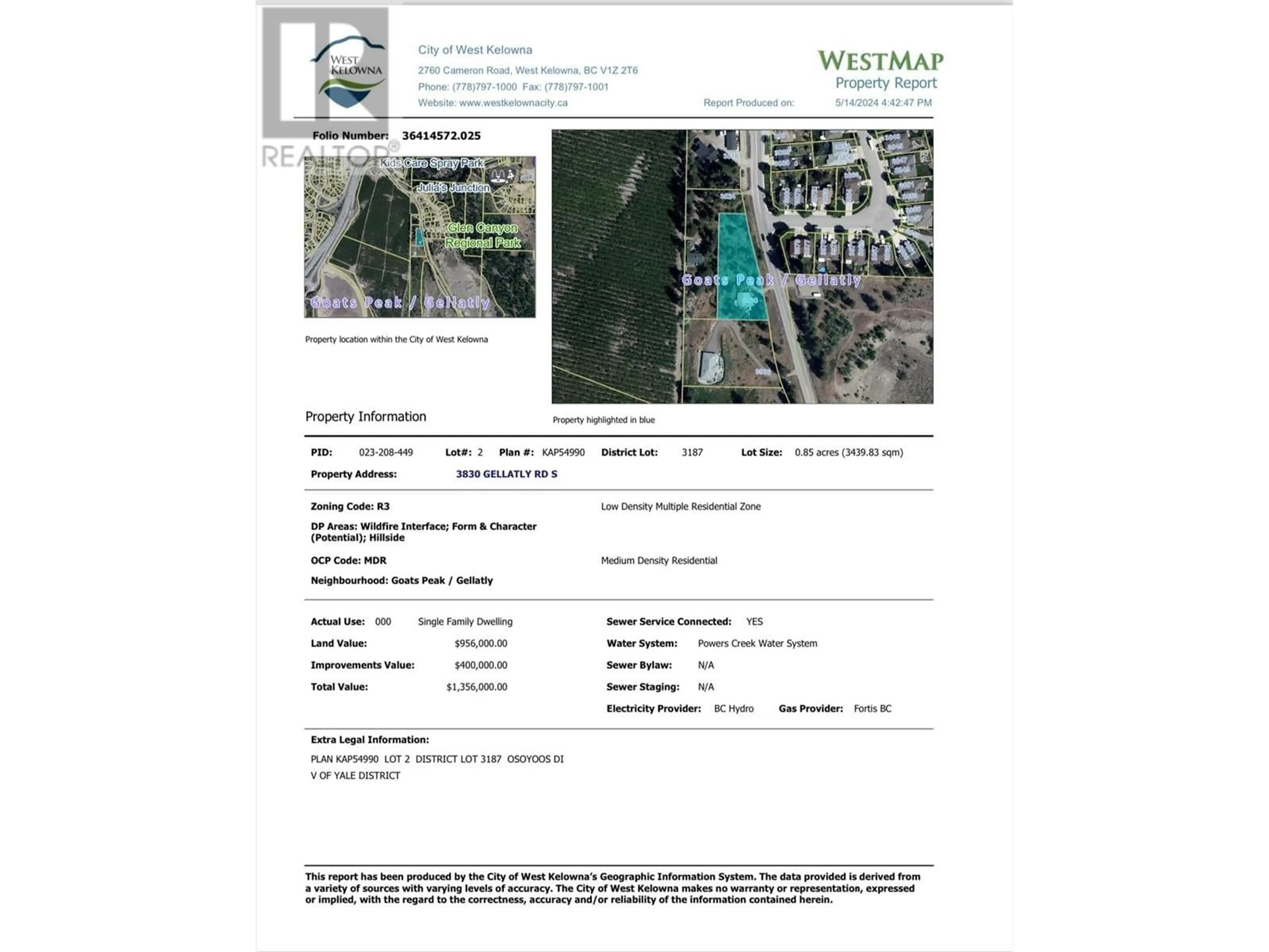 Picture of a map for 3830 GELLATLY ROAD SOUTH, West Kelowna British Columbia V4T2K6