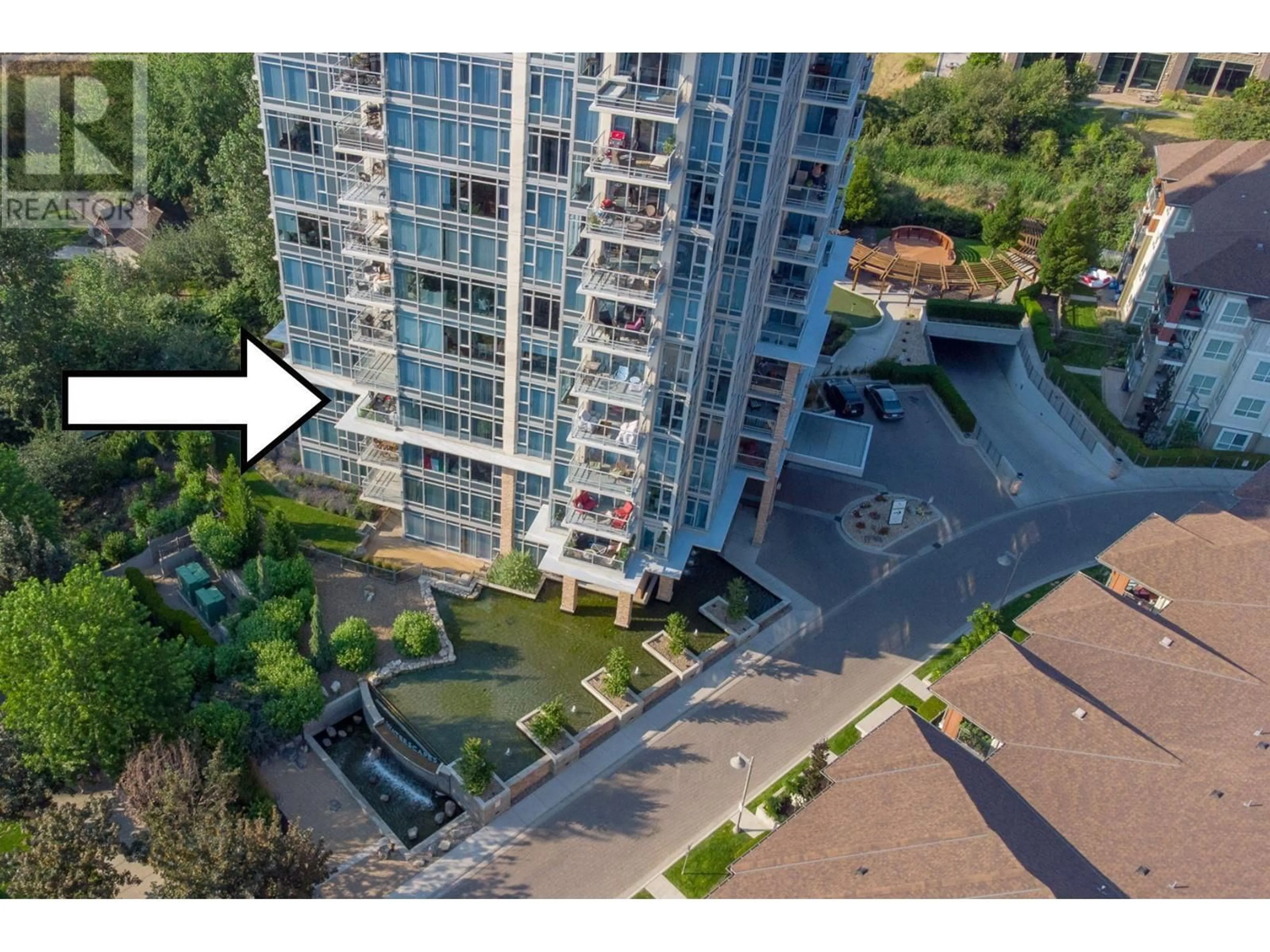 A pic from outside/outdoor area/front of a property/back of a property/a pic from drone, city buildings view from balcony for 407 - 1075 SUNSET DRIVE, Kelowna British Columbia V1Y9Y9