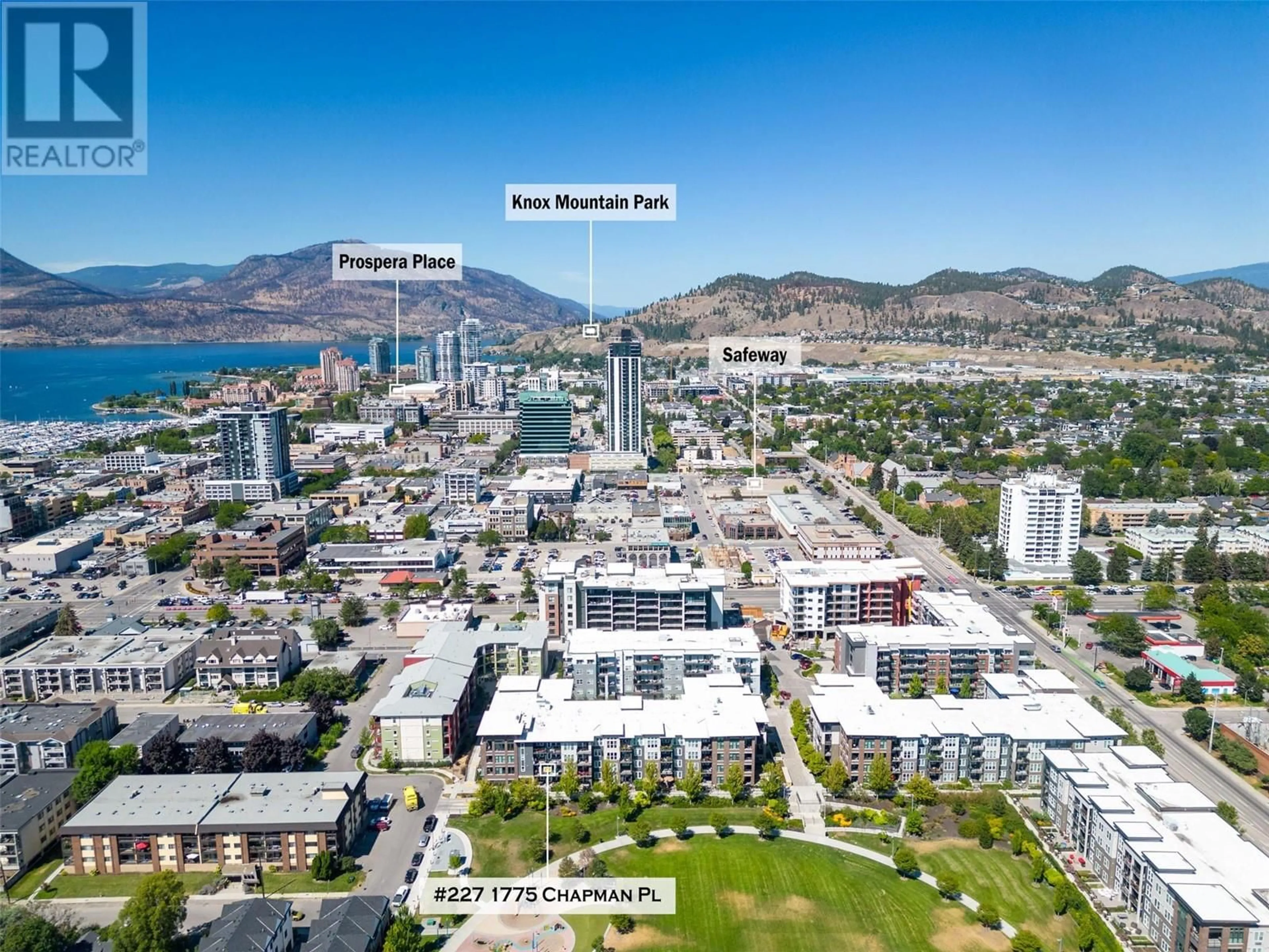 A pic from outside/outdoor area/front of a property/back of a property/a pic from drone, city buildings view from balcony for 227 - 1775 CHAPMAN PLACE, Kelowna British Columbia V1Y0G3