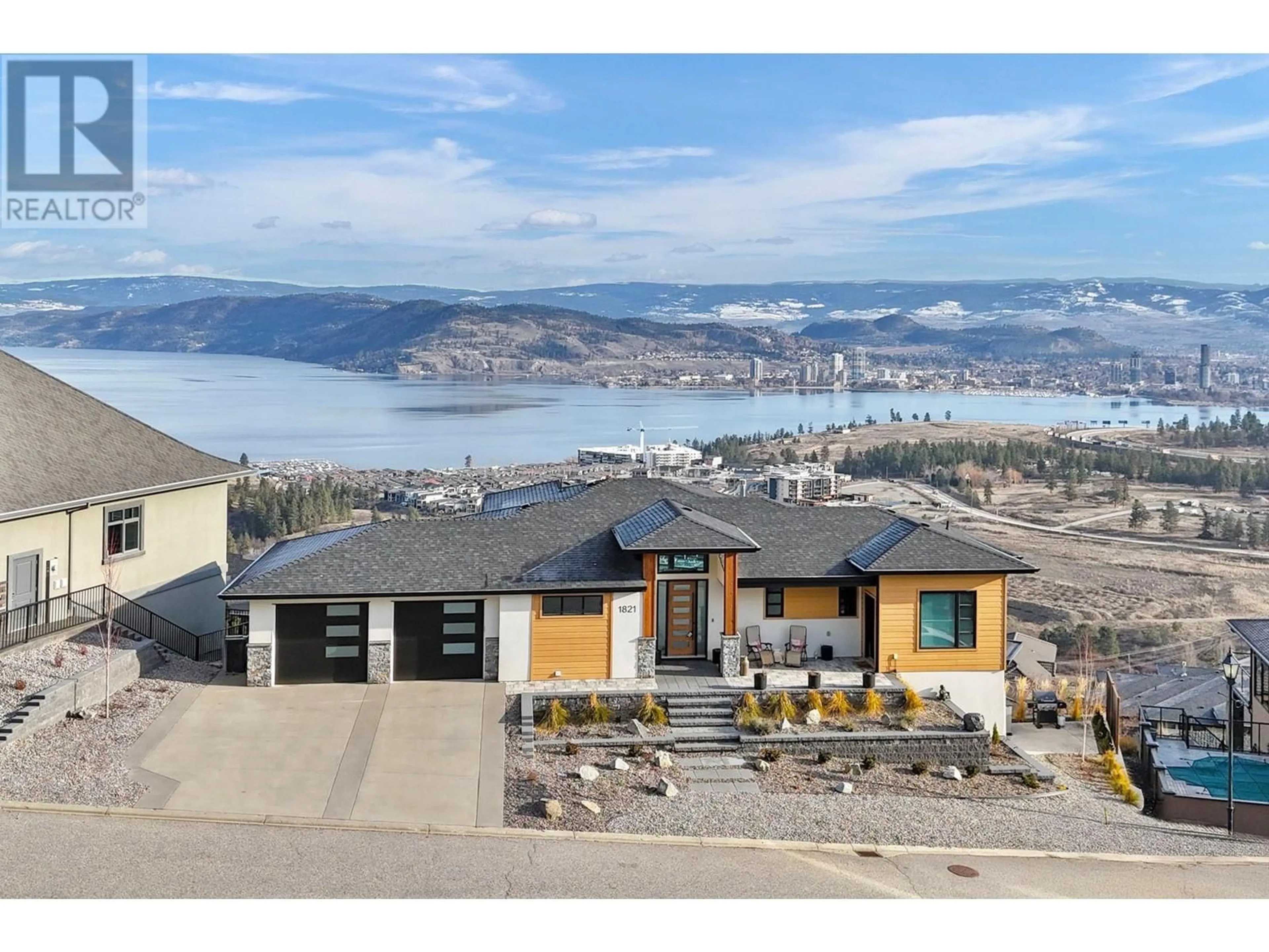 A pic from outside/outdoor area/front of a property/back of a property/a pic from drone, water/lake/river/ocean view for 1821 DIAMOND VIEW DRIVE, West Kelowna British Columbia V1Z4B7