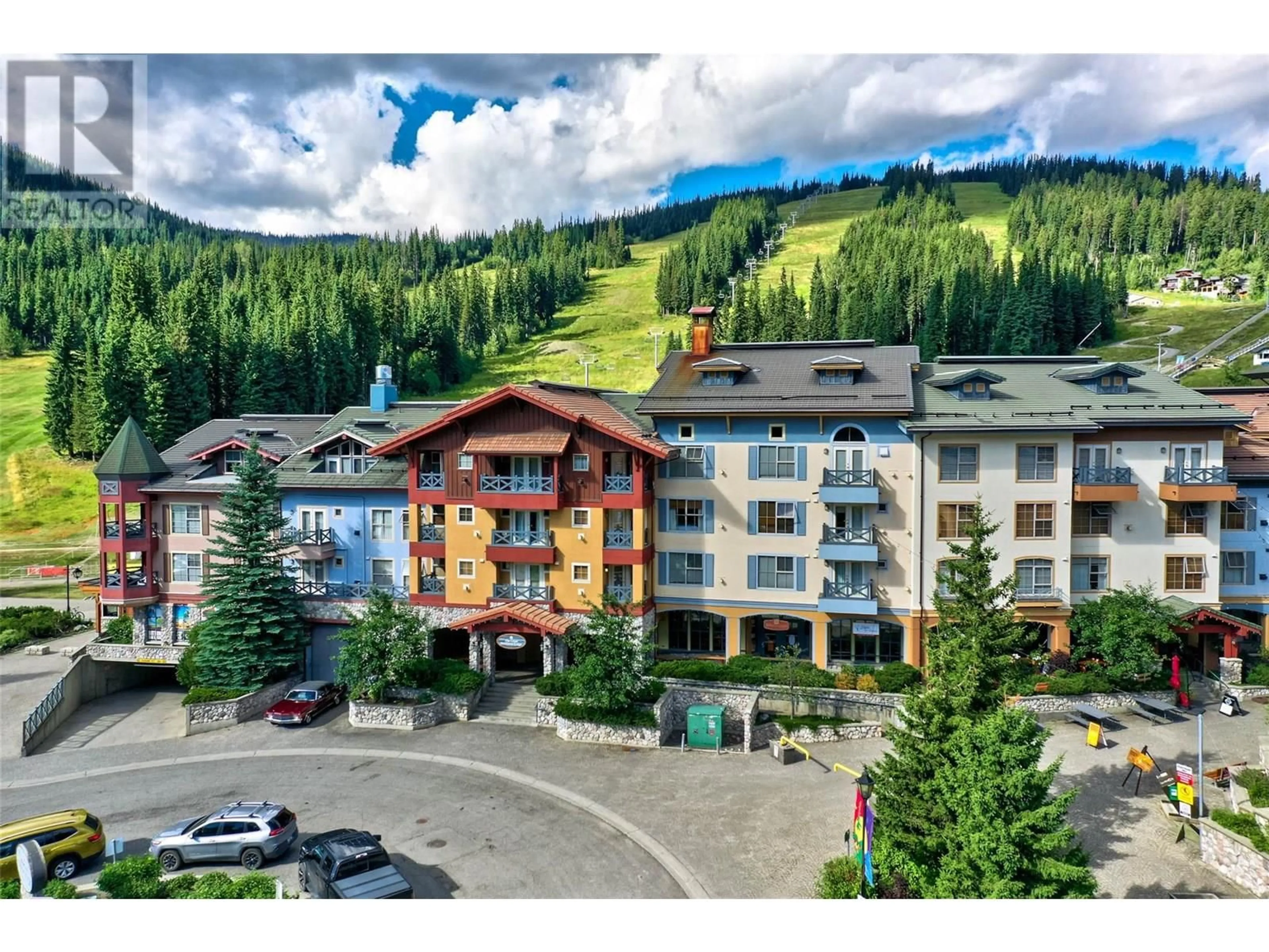 A pic from outside/outdoor area/front of a property/back of a property/a pic from drone, mountain view for 312 - 3160 CREEKSIDE WAY, Sun Peaks British Columbia V0E5N0