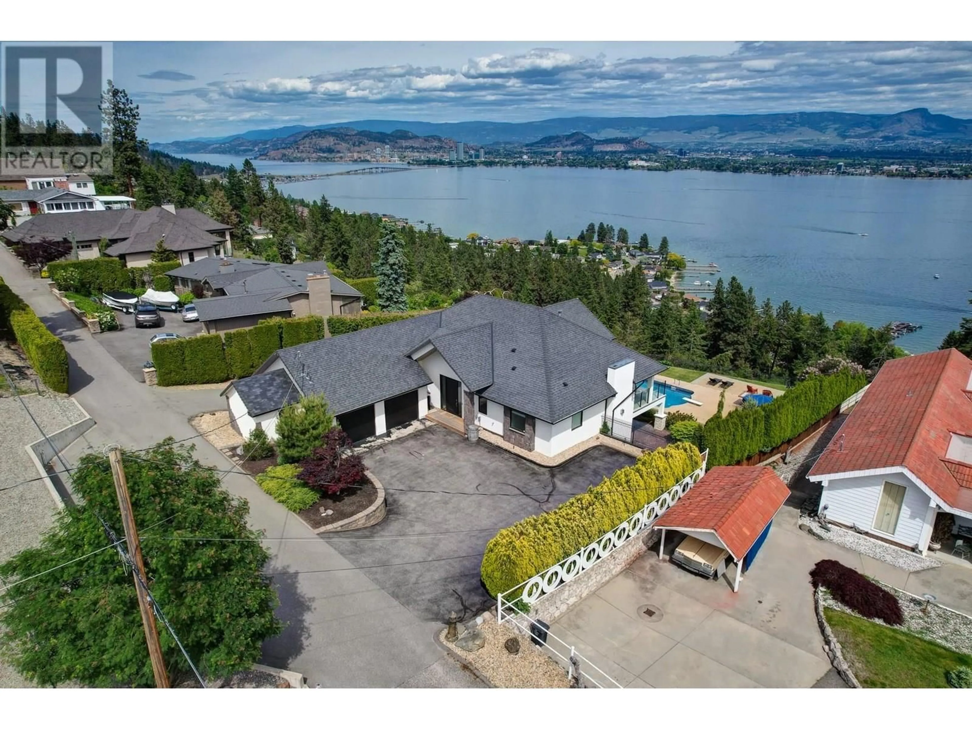 A pic from outside/outdoor area/front of a property/back of a property/a pic from drone, water/lake/river/ocean view for 2821 LAKEVIEW ROAD, West Kelowna British Columbia V1Z1Y5
