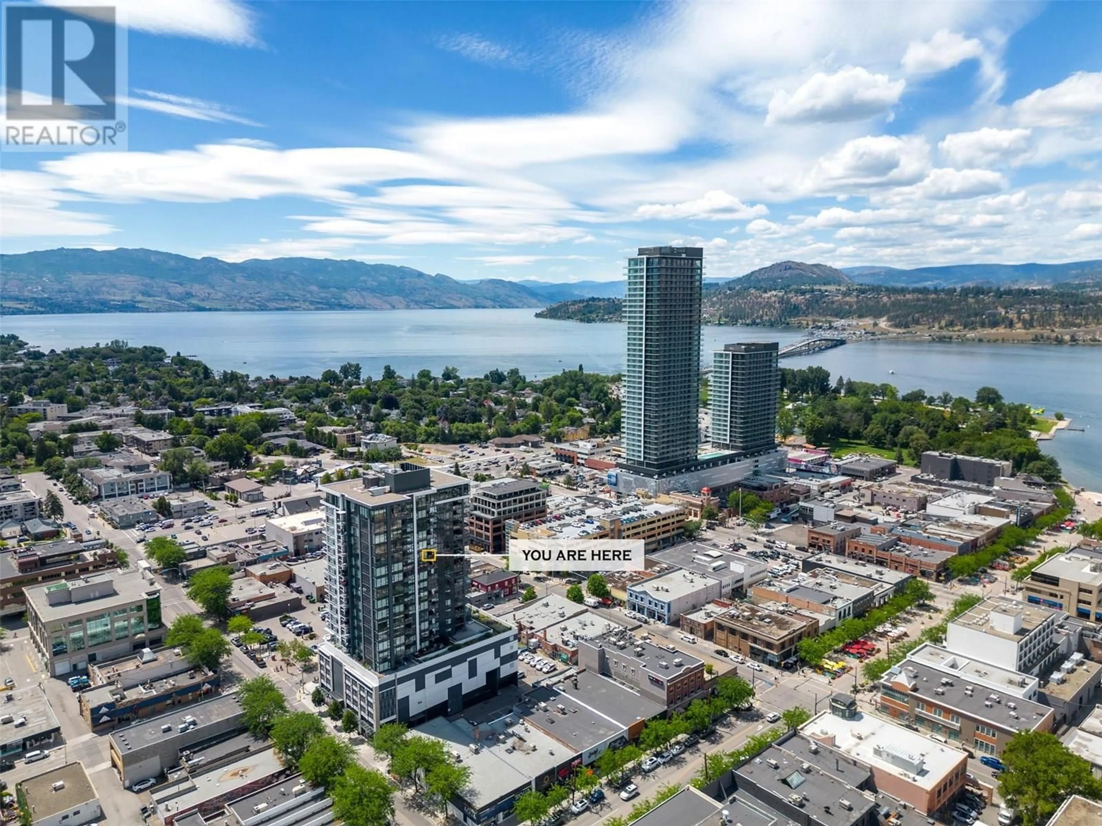A pic from outside/outdoor area/front of a property/back of a property/a pic from drone, water/lake/river/ocean view for 1601 - 1588 ELLIS STREET, Kelowna British Columbia V1Y0H1