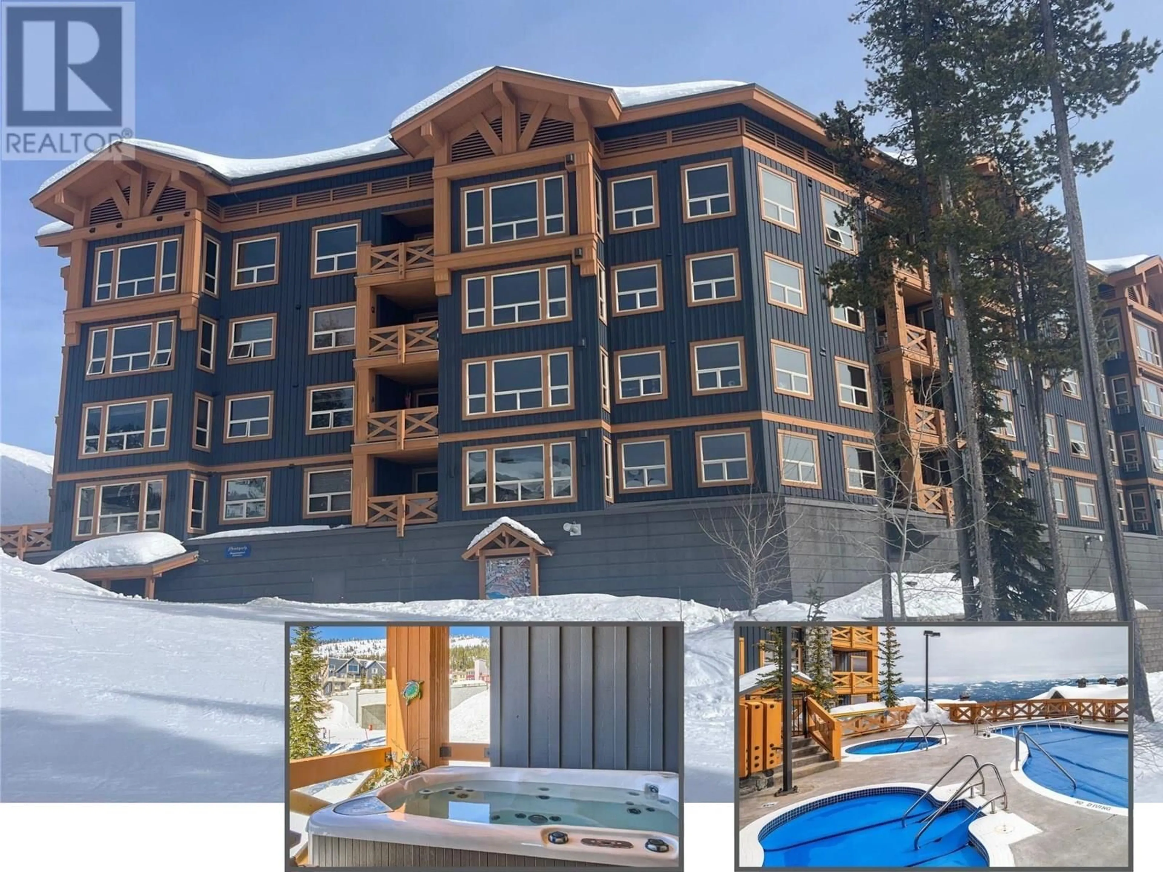 A pic from outside/outdoor area/front of a property/back of a property/a pic from drone, water/lake/river/ocean view for 203B - 5300 BIG WHITE ROAD, Big White British Columbia V1P1P3