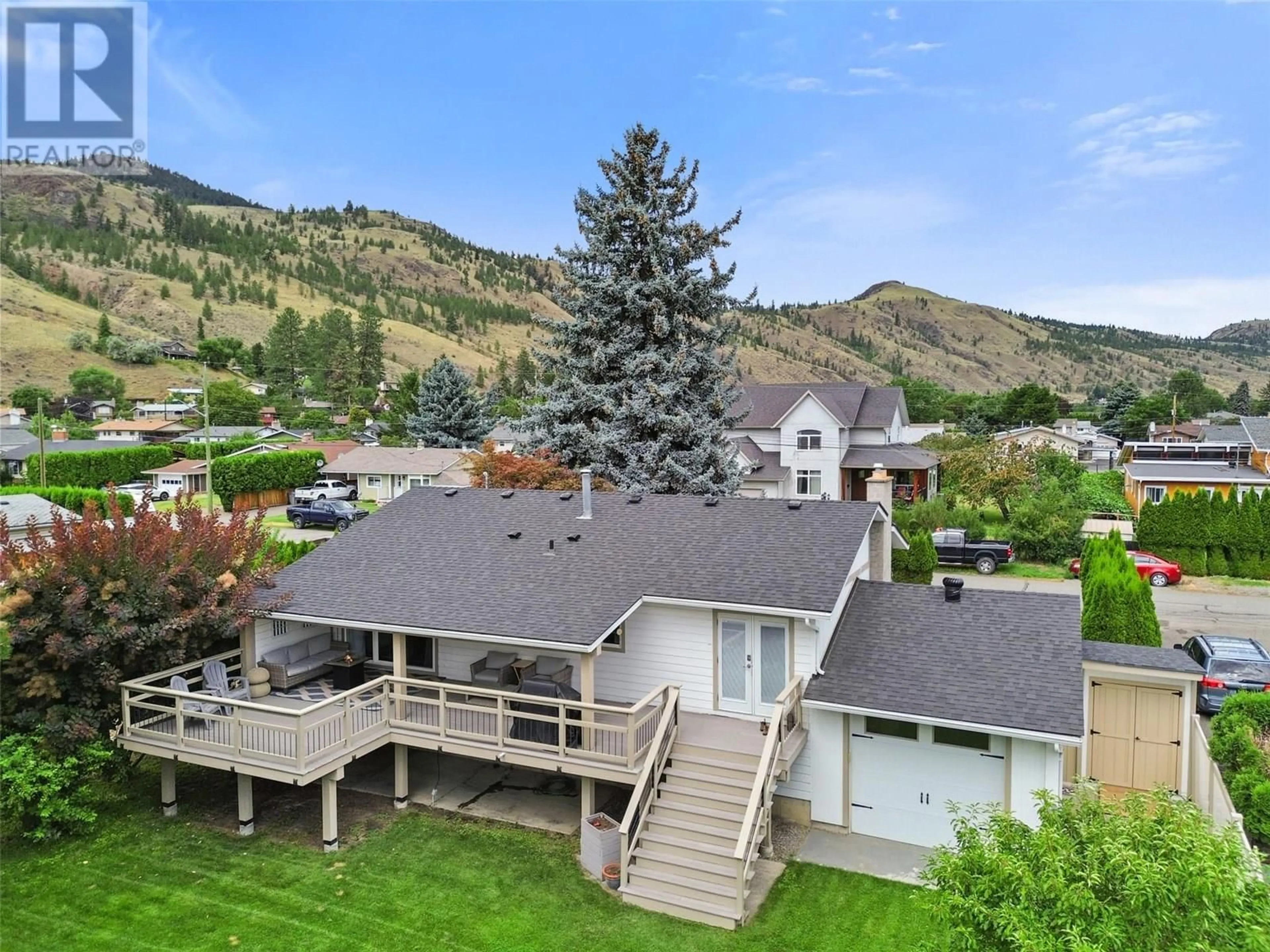 A pic from outside/outdoor area/front of a property/back of a property/a pic from drone, mountain view for 845 ELDER ROAD, Kamloops British Columbia V2B6K9