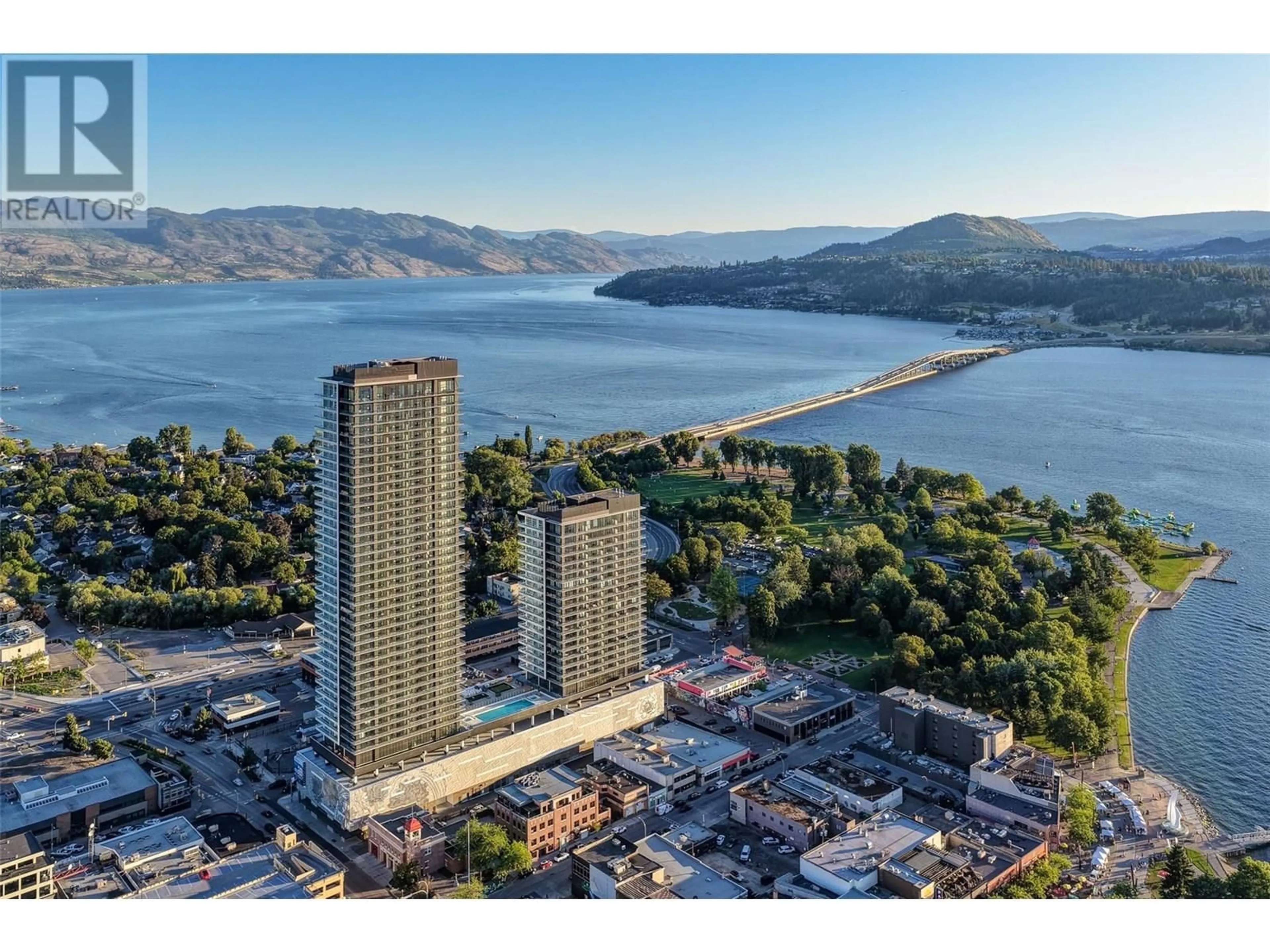 A pic from outside/outdoor area/front of a property/back of a property/a pic from drone, water/lake/river/ocean view for 1805 - 238 LEON AVENUE, Kelowna British Columbia V1Y0N6