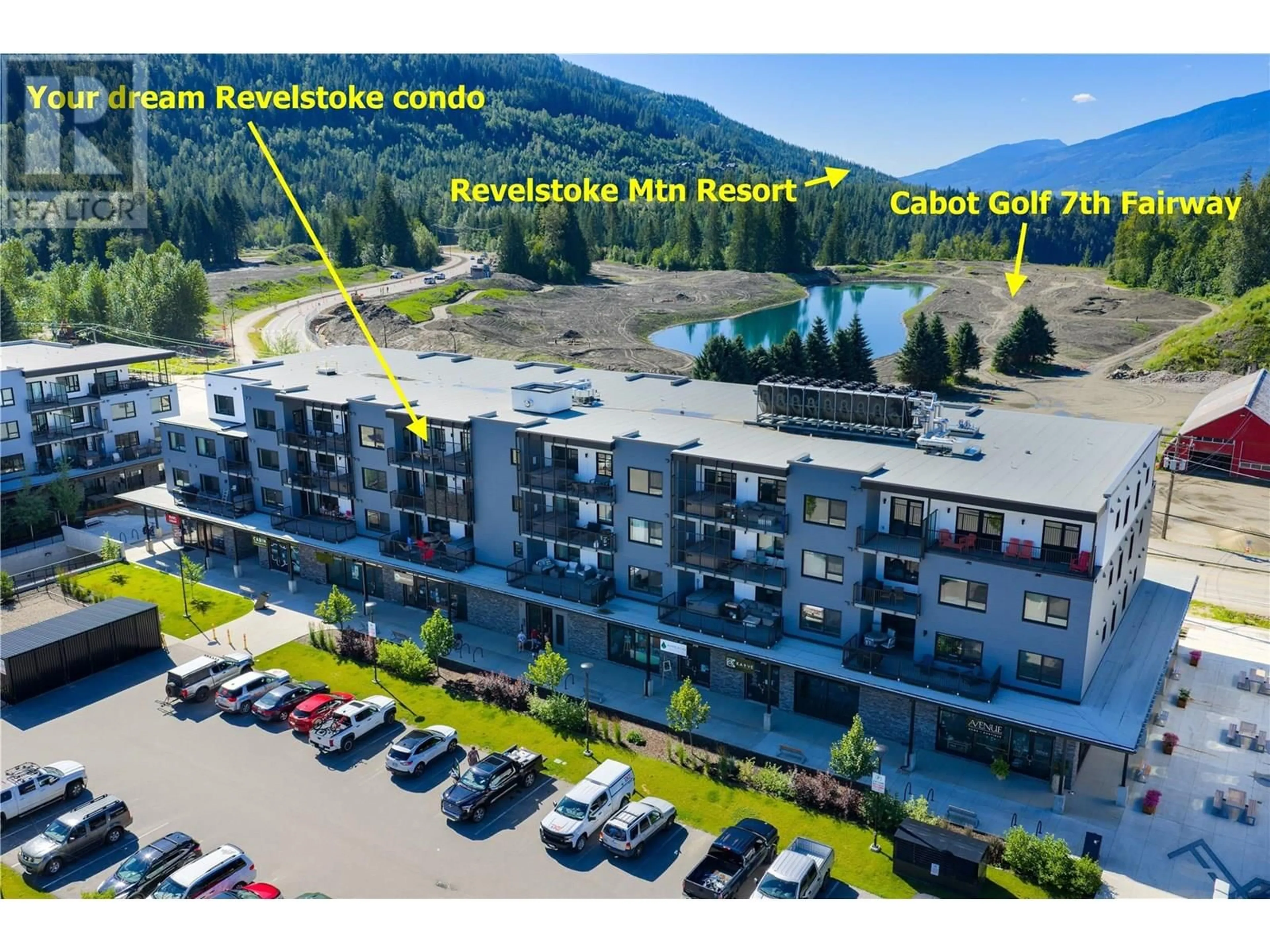 A pic from outside/outdoor area/front of a property/back of a property/a pic from drone, water/lake/river/ocean view for 2406 - 1701 COURSIER AVENUE, Revelstoke British Columbia V0E2S3