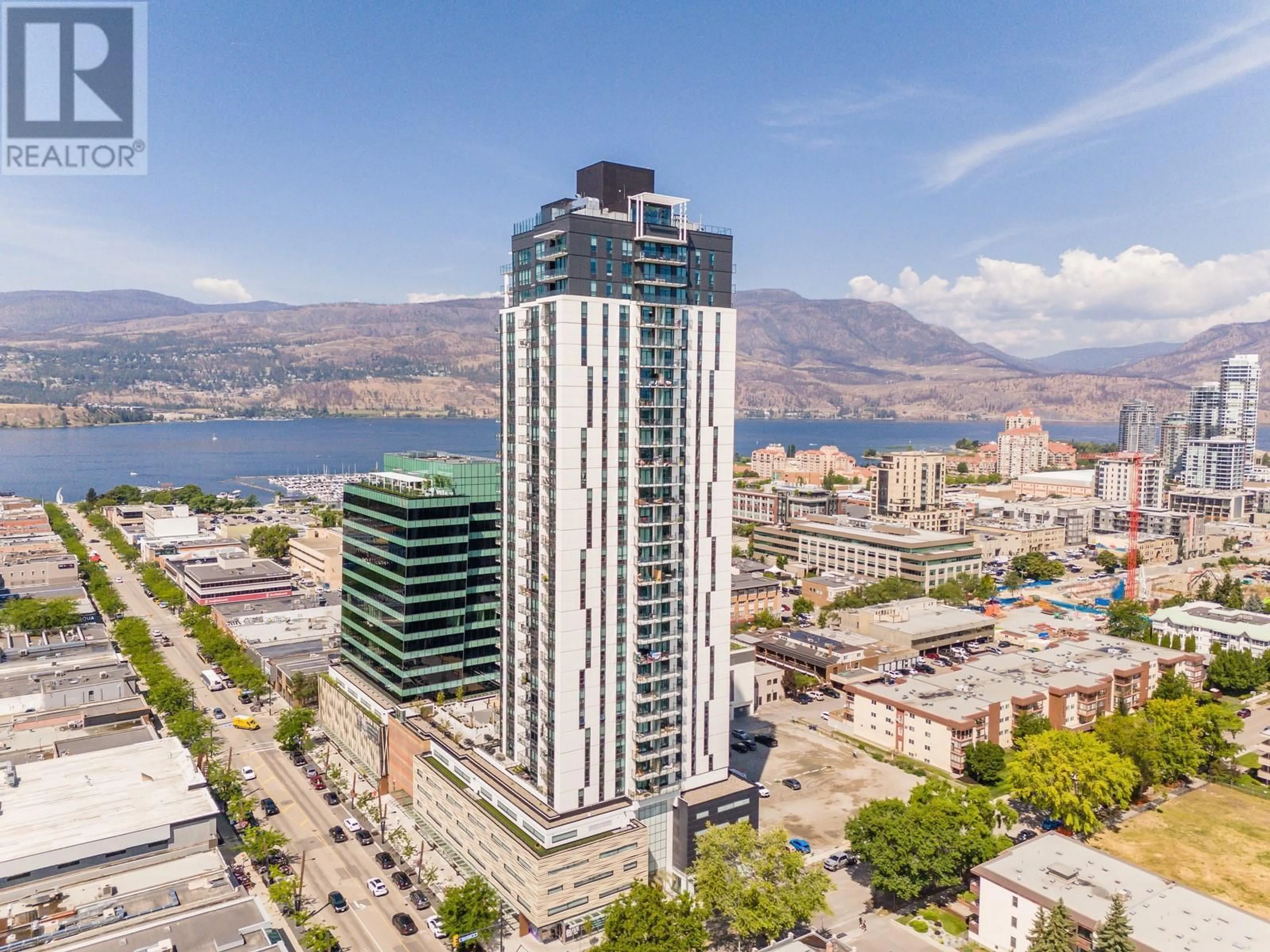 A pic from outside/outdoor area/front of a property/back of a property/a pic from drone, city buildings view from balcony for 2502 - 1488 BERTRAM STREET, Kelowna British Columbia V1Y0M6