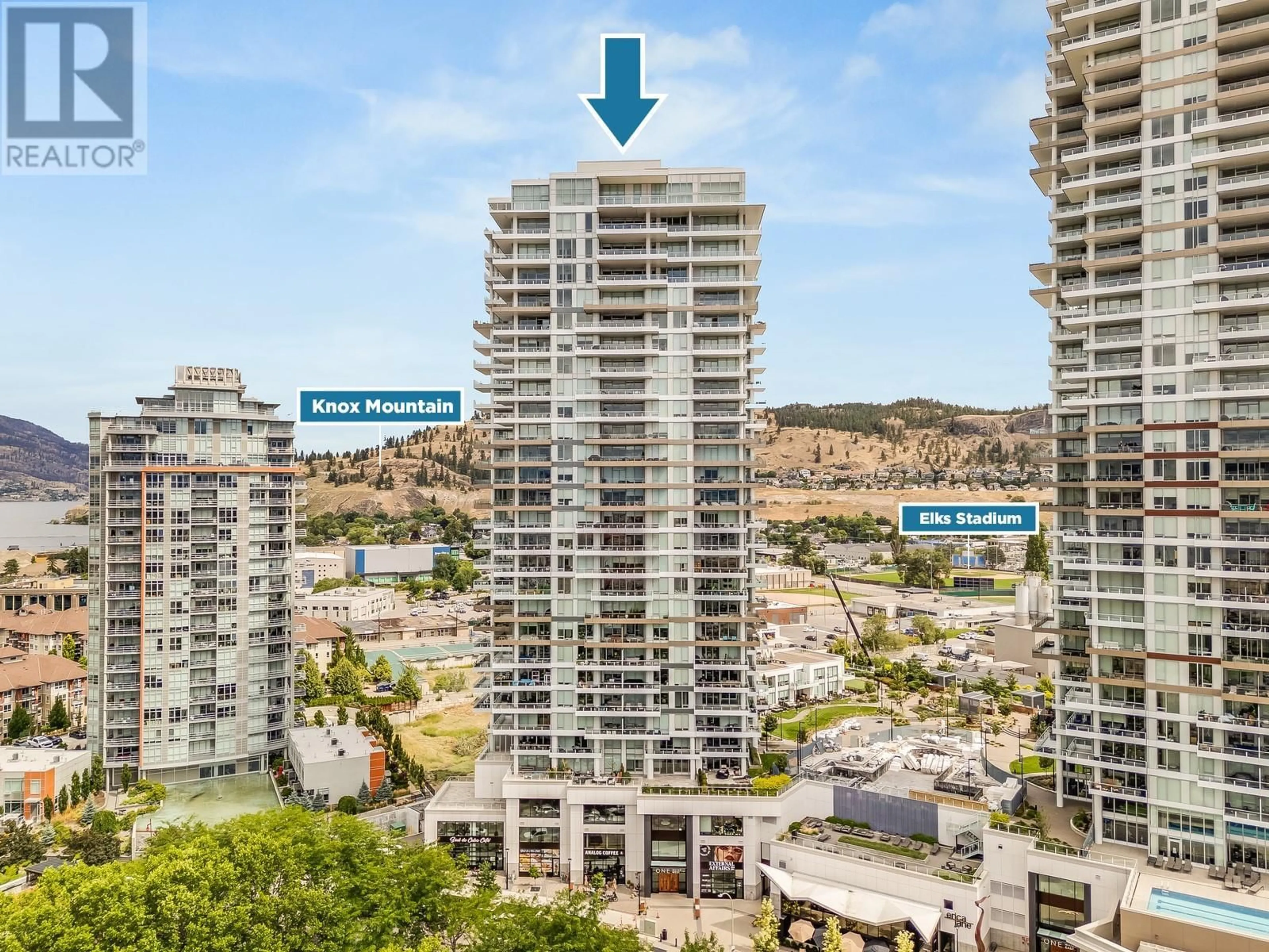 A pic from outside/outdoor area/front of a property/back of a property/a pic from drone, city buildings view from balcony for 2602 - 1181 SUNSET DRIVE, Kelowna British Columbia V1Y0L4