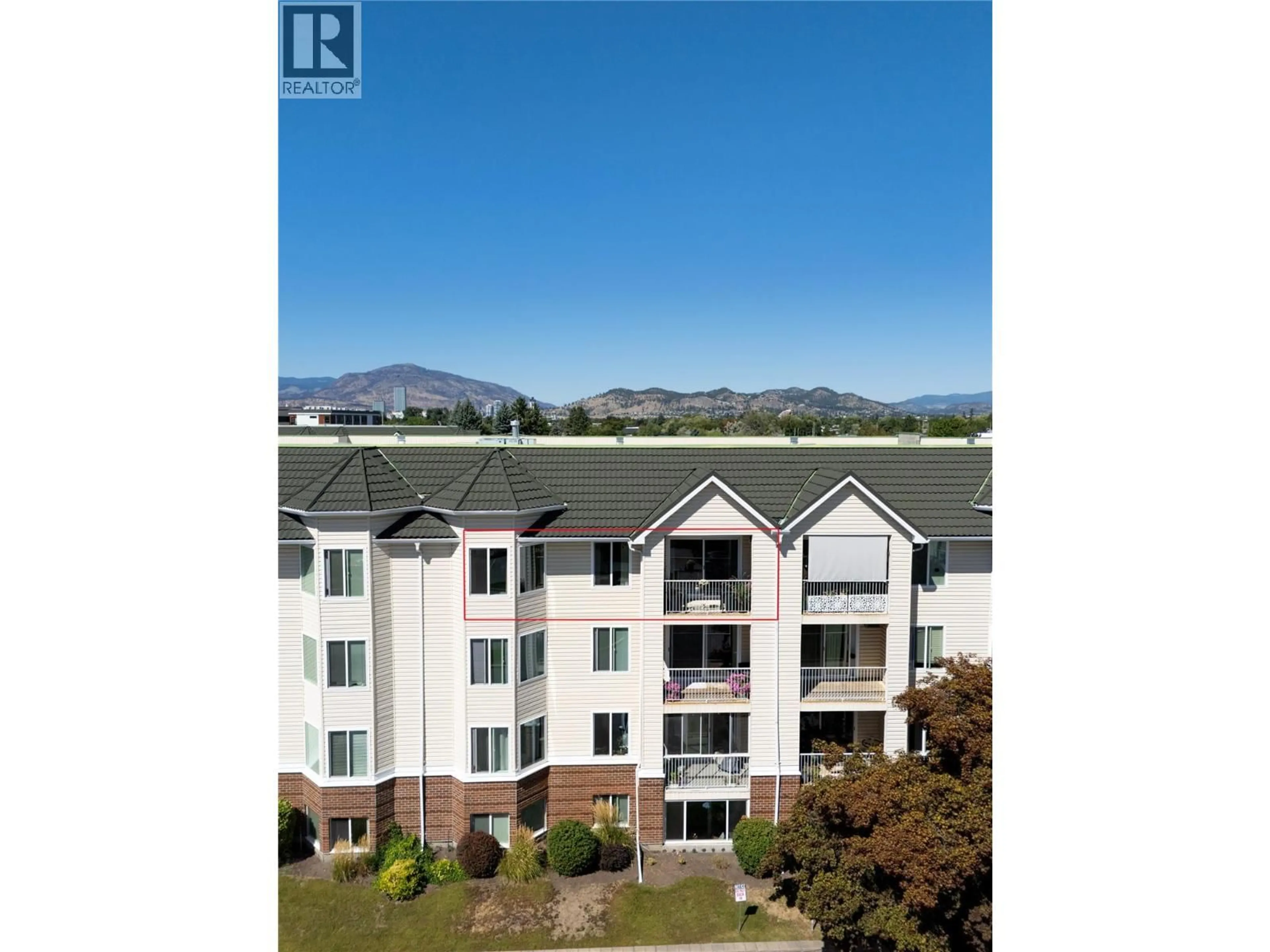 A pic from outside/outdoor area/front of a property/back of a property/a pic from drone, mountain view for 404 - 3160 CASORSO ROAD, Kelowna British Columbia V1W3L7