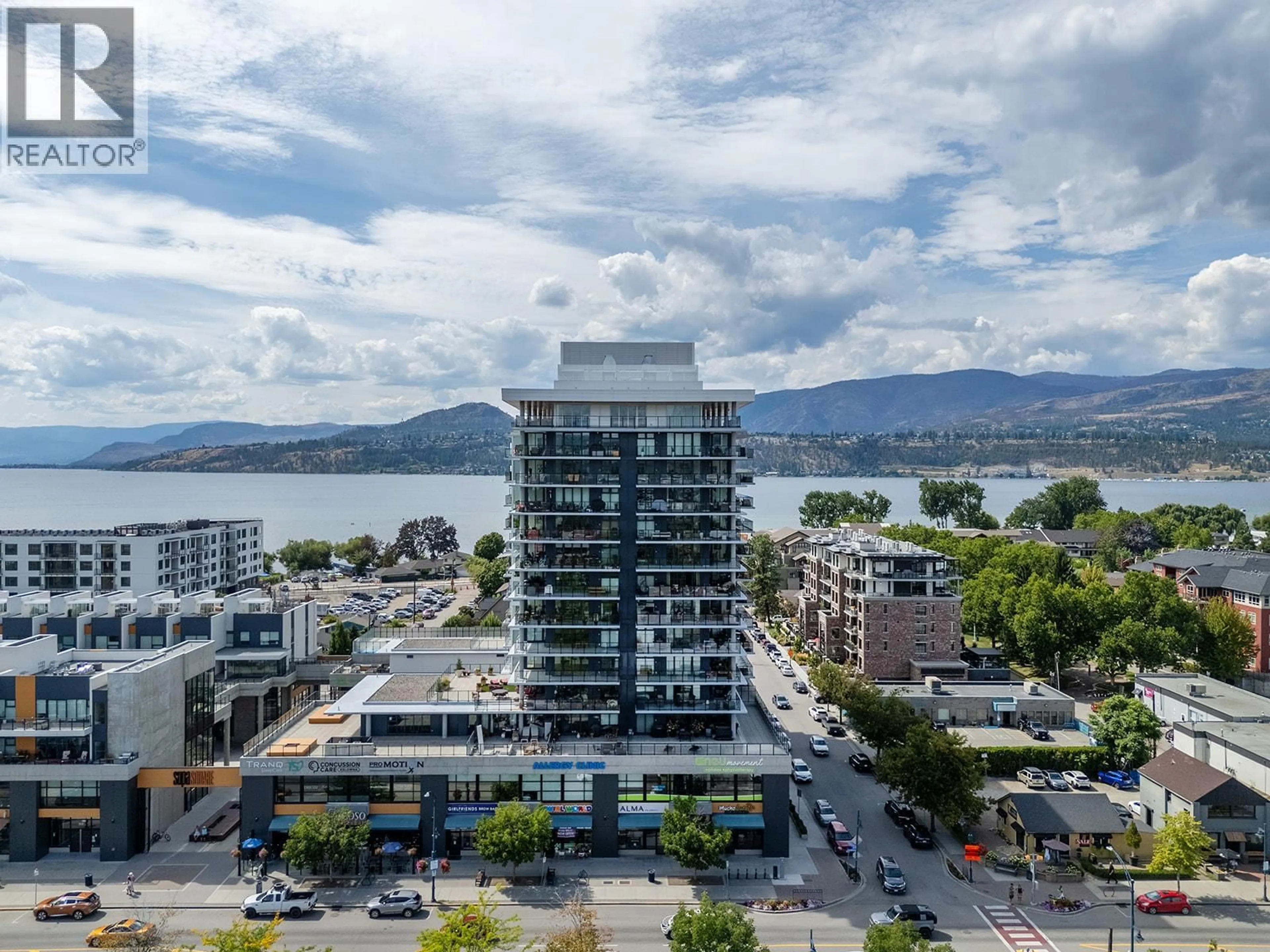 A pic from outside/outdoor area/front of a property/back of a property/a pic from drone, water/lake/river/ocean view for 1201 - 485 GROVES AVENUE, Kelowna British Columbia V1Y0C1