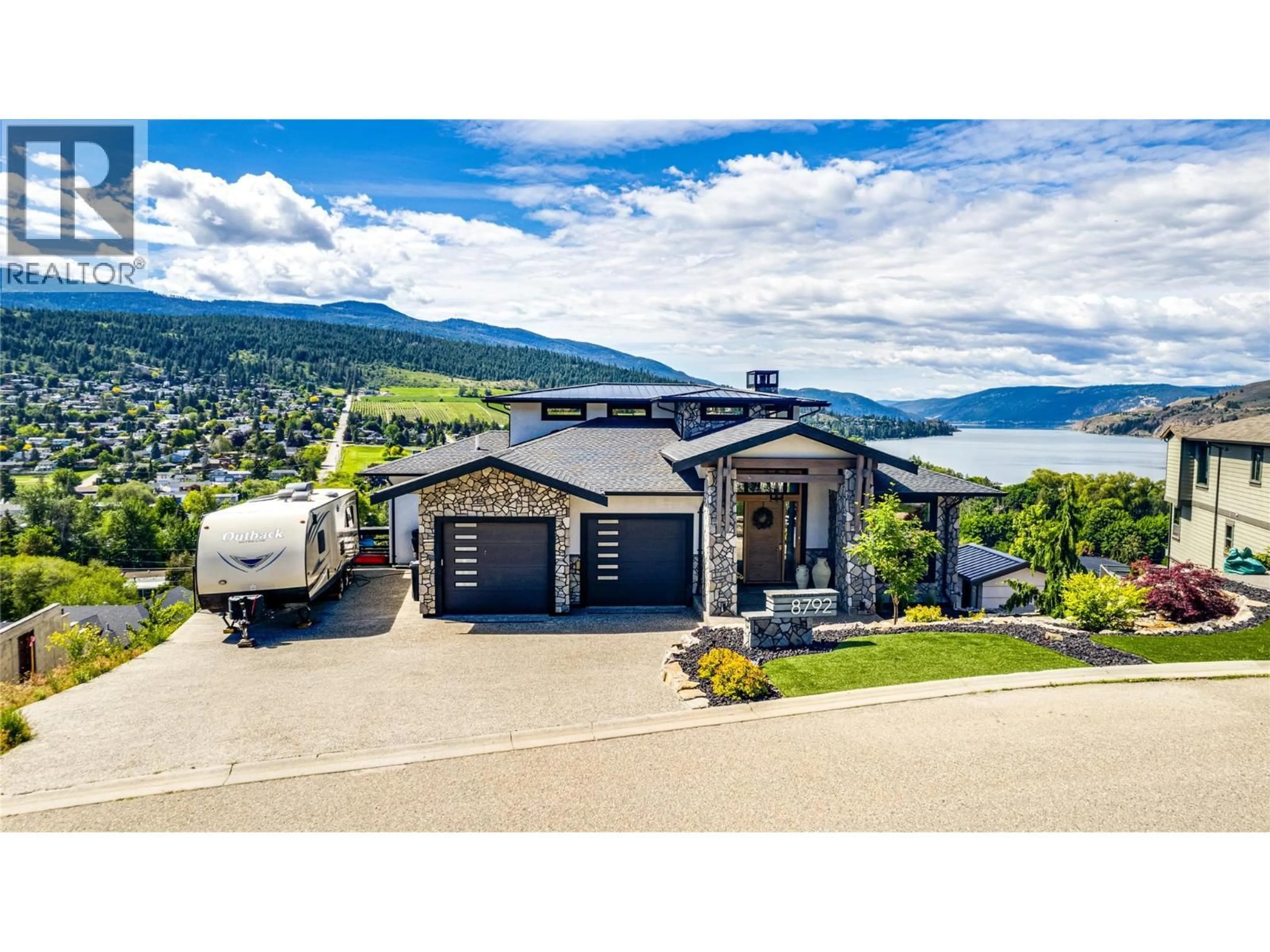 A pic from outside/outdoor area/front of a property/back of a property/a pic from drone, water/lake/river/ocean view for 8792 CORTLAND PLACE, Coldstream British Columbia V1B4B8