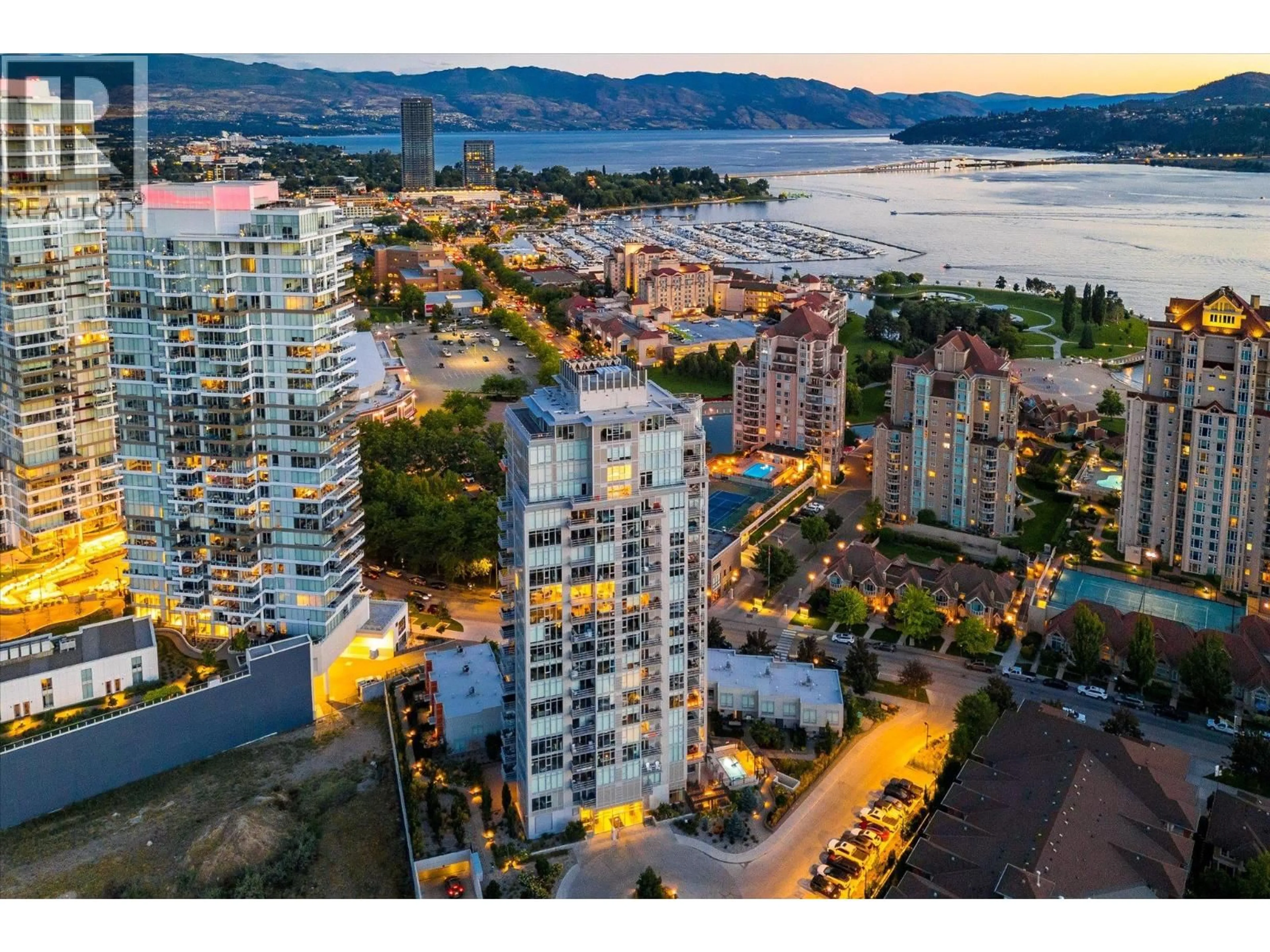 A pic from outside/outdoor area/front of a property/back of a property/a pic from drone, city buildings view from balcony for 1304 - 1151 SUNSET DRIVE, Kelowna British Columbia V1Y0G2