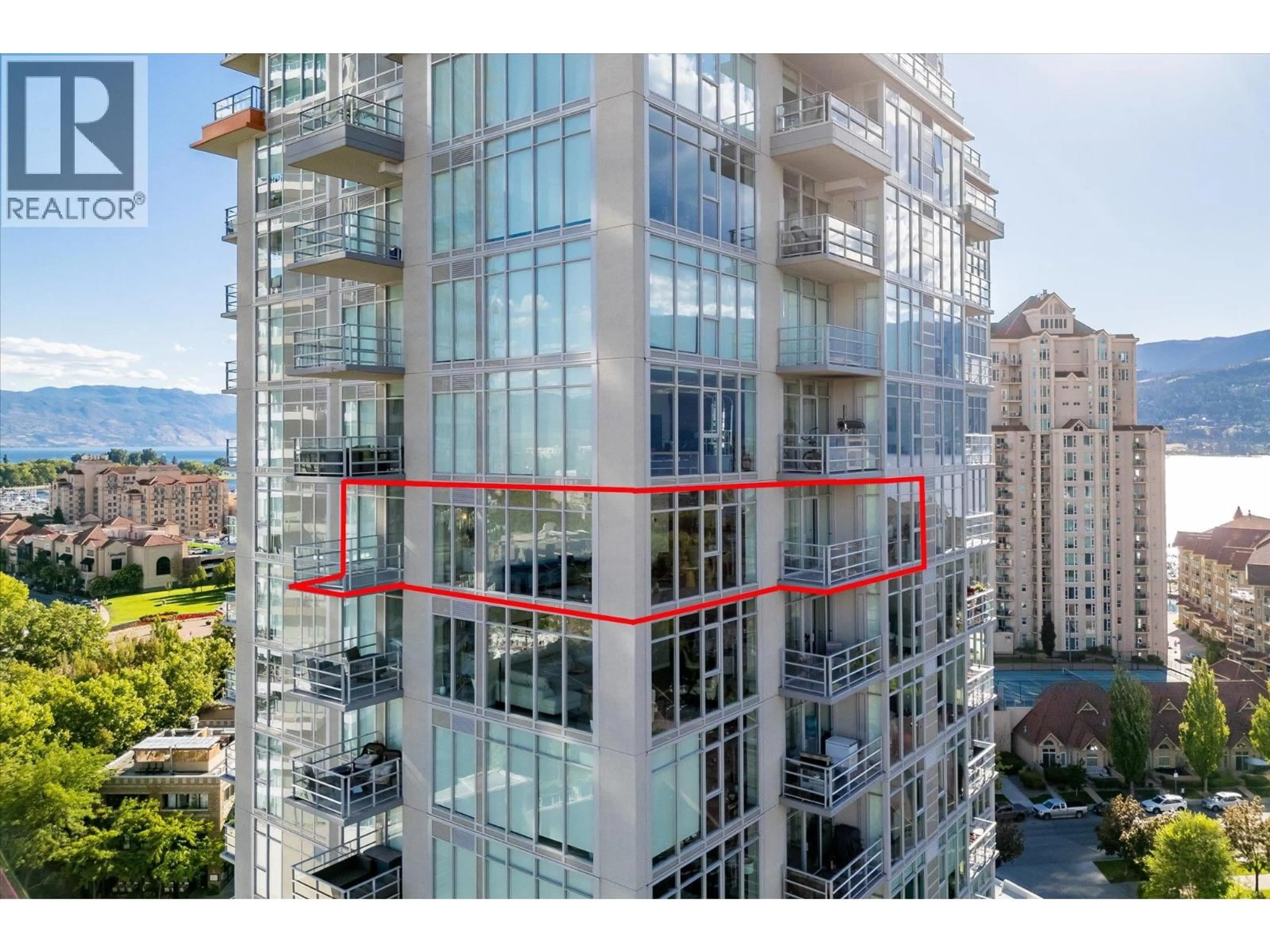 A pic from outside/outdoor area/front of a property/back of a property/a pic from drone, city buildings view from balcony for 1304 - 1151 SUNSET DRIVE, Kelowna British Columbia V1Y0G2
