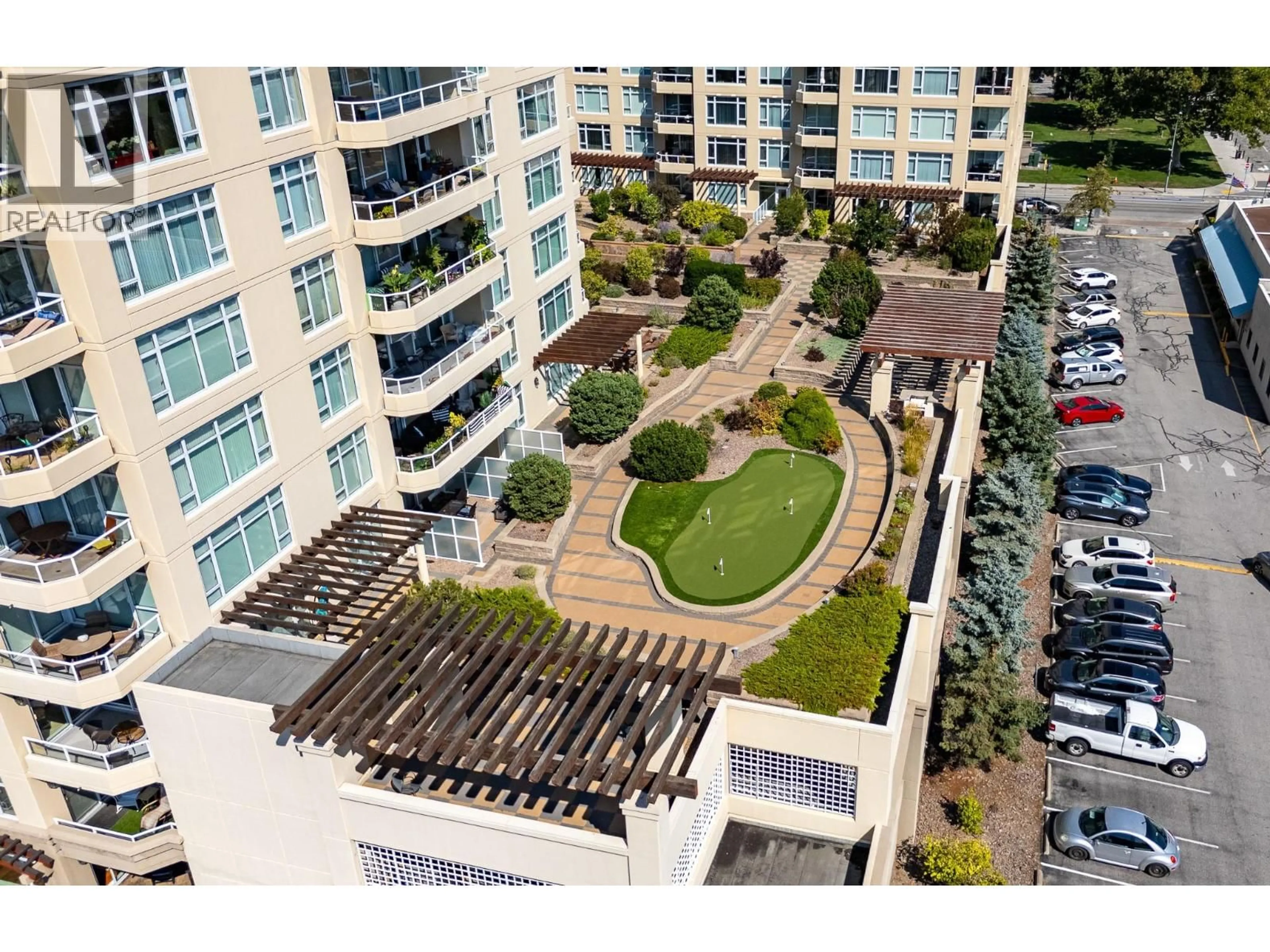 A pic from outside/outdoor area/front of a property/back of a property/a pic from drone, city buildings view from balcony for 403 - 75 MARTIN STREET, Penticton British Columbia V2A9C8