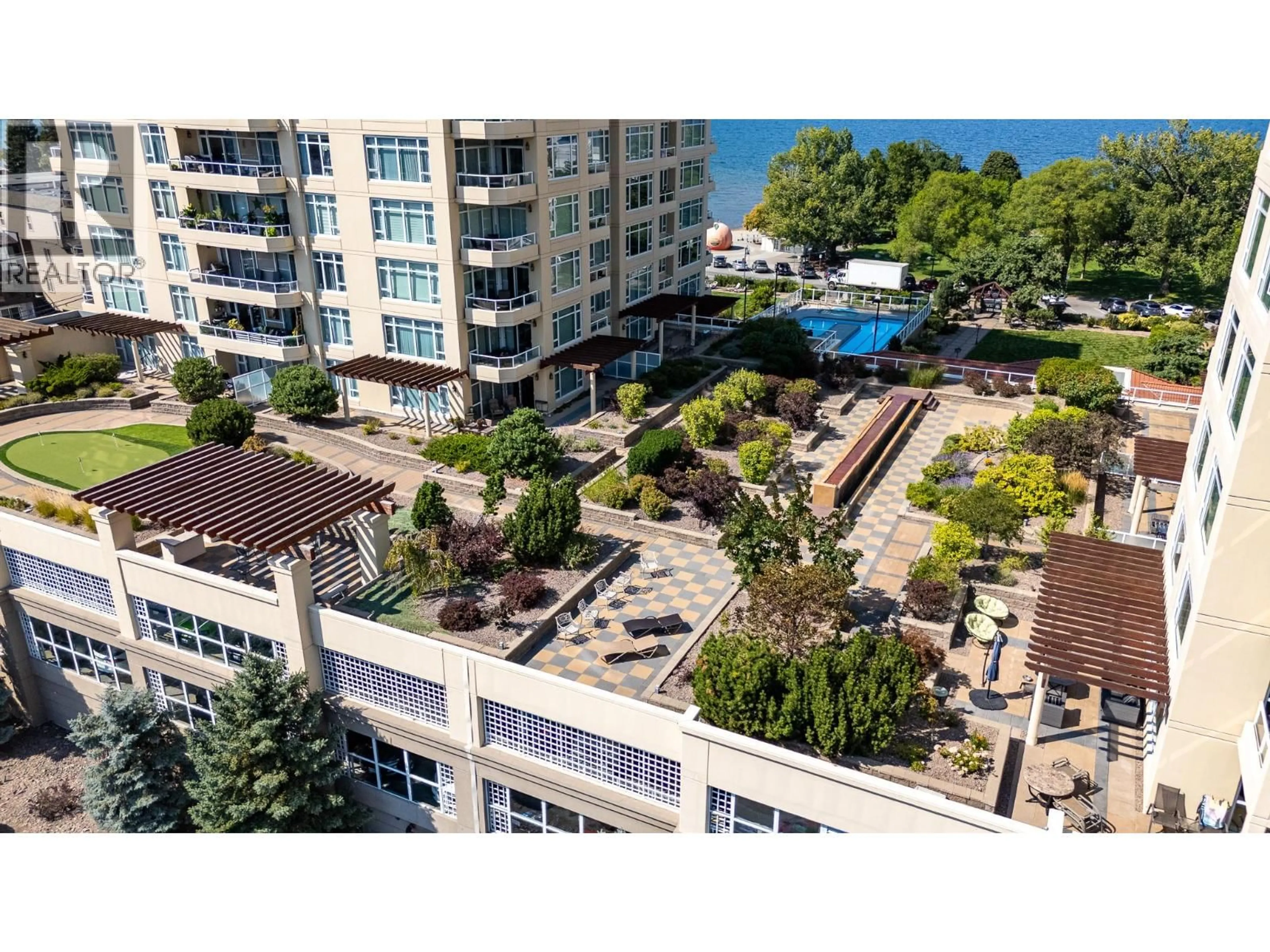 A pic from outside/outdoor area/front of a property/back of a property/a pic from drone, city buildings view from balcony for 403 - 75 MARTIN STREET, Penticton British Columbia V2A9C8