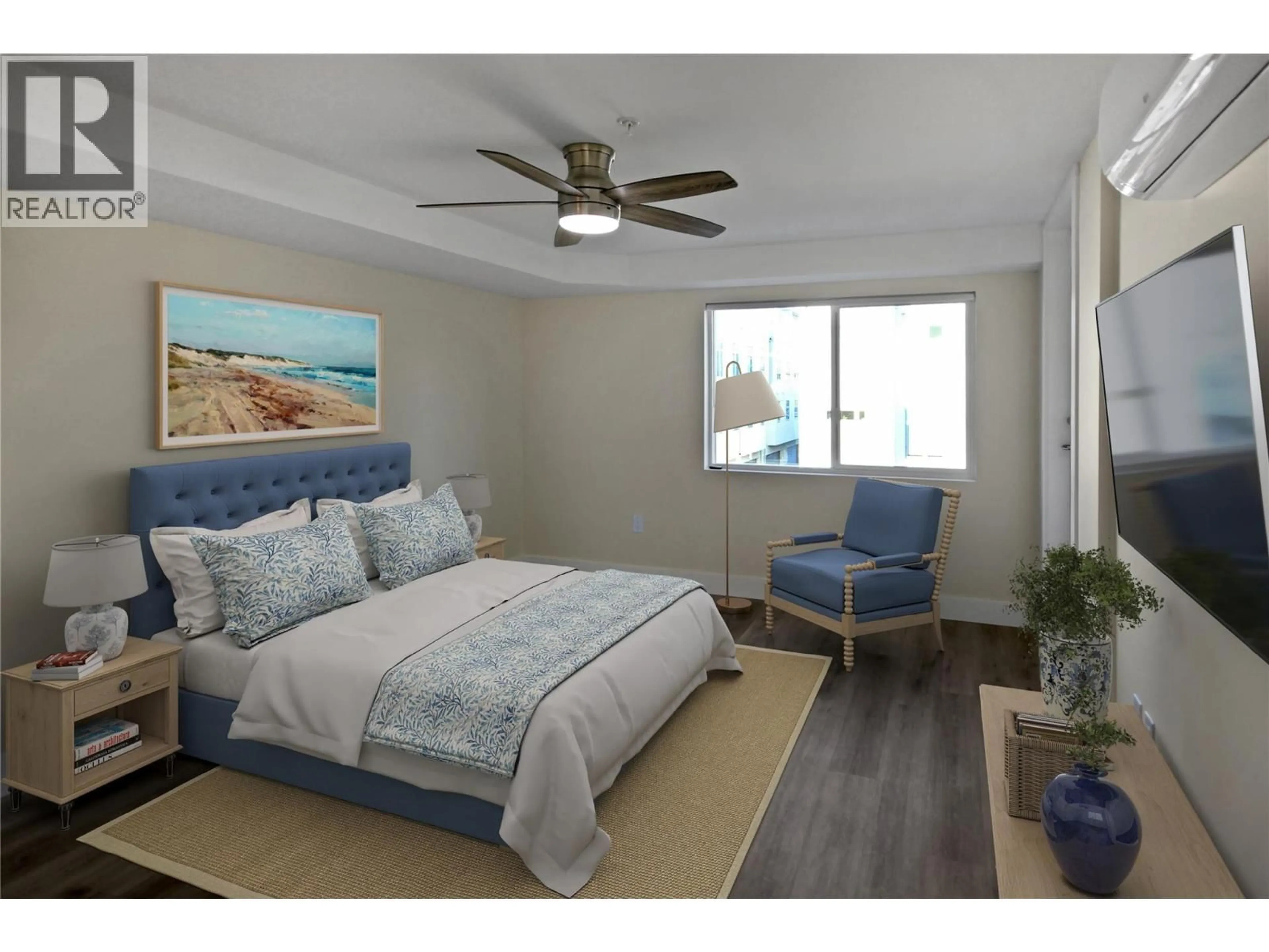 Bedroom with bed, wood/laminate floor for 209 - 217 ELM AVENUE, Penticton British Columbia V2A3W1