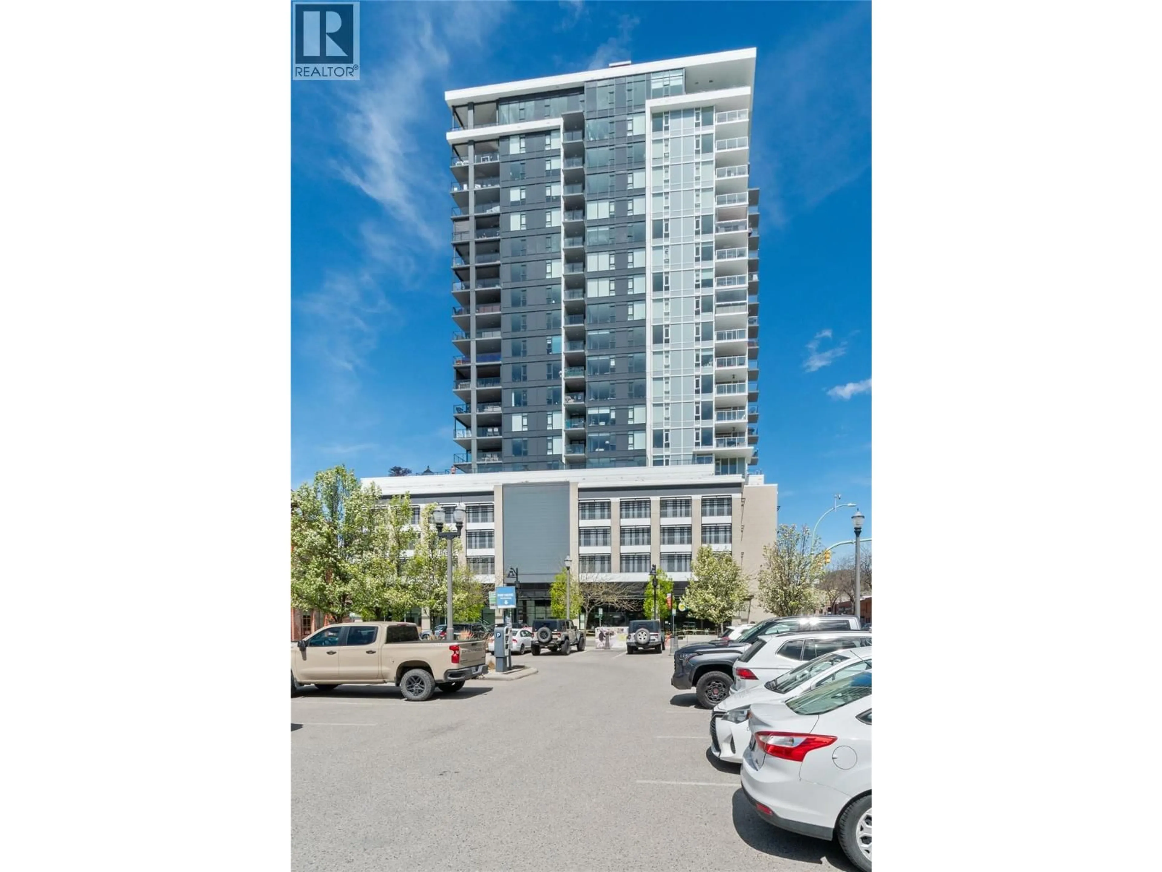 A pic from outside/outdoor area/front of a property/back of a property/a pic from drone, street for 1106 - 1588 ELLIS STREET, Kelowna British Columbia V1Y2A6