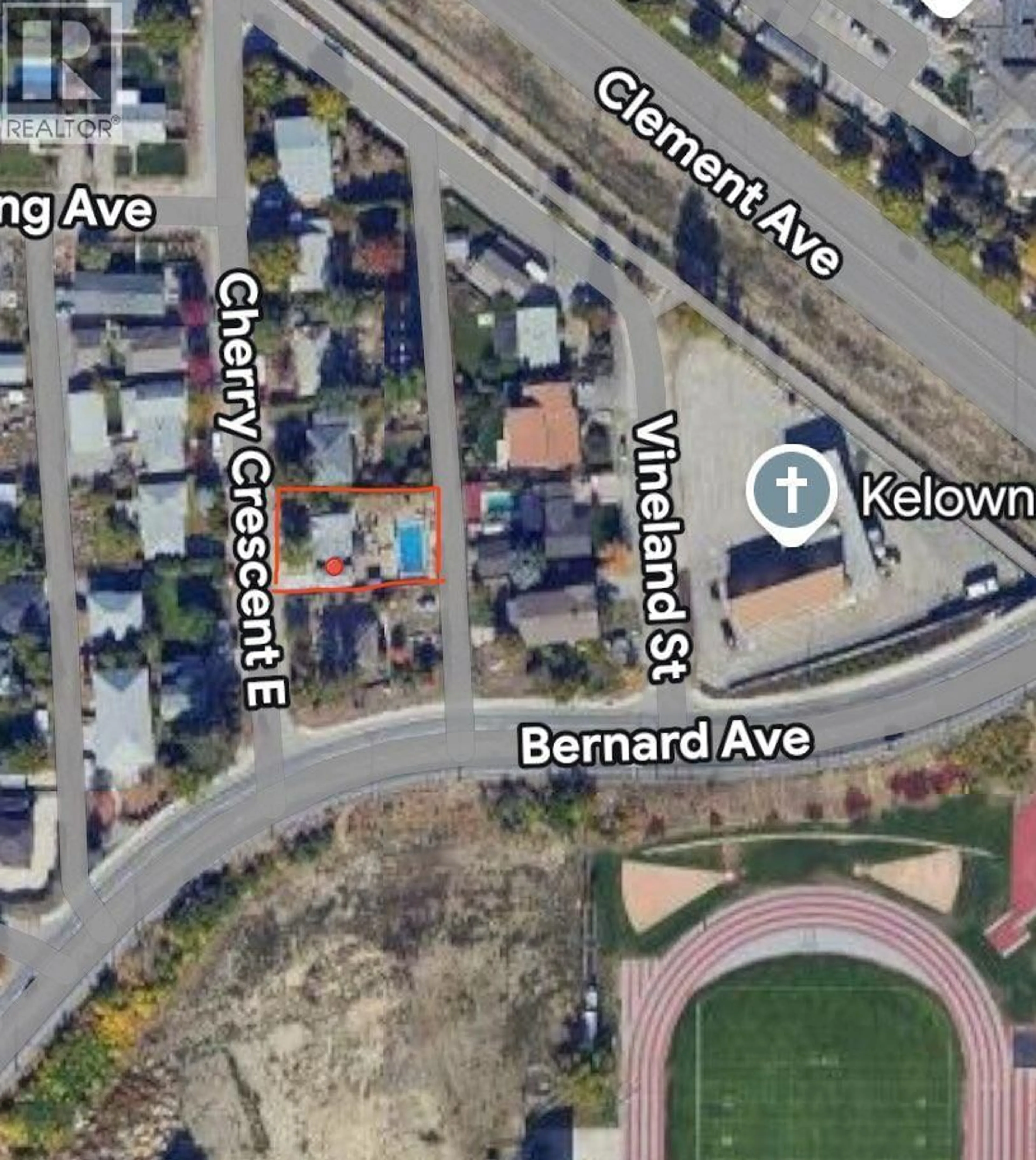 A pic from outside/outdoor area/front of a property/back of a property/a pic from drone, street for 1413 CHERRY CRESCENT, Kelowna British Columbia V1Y3Y2