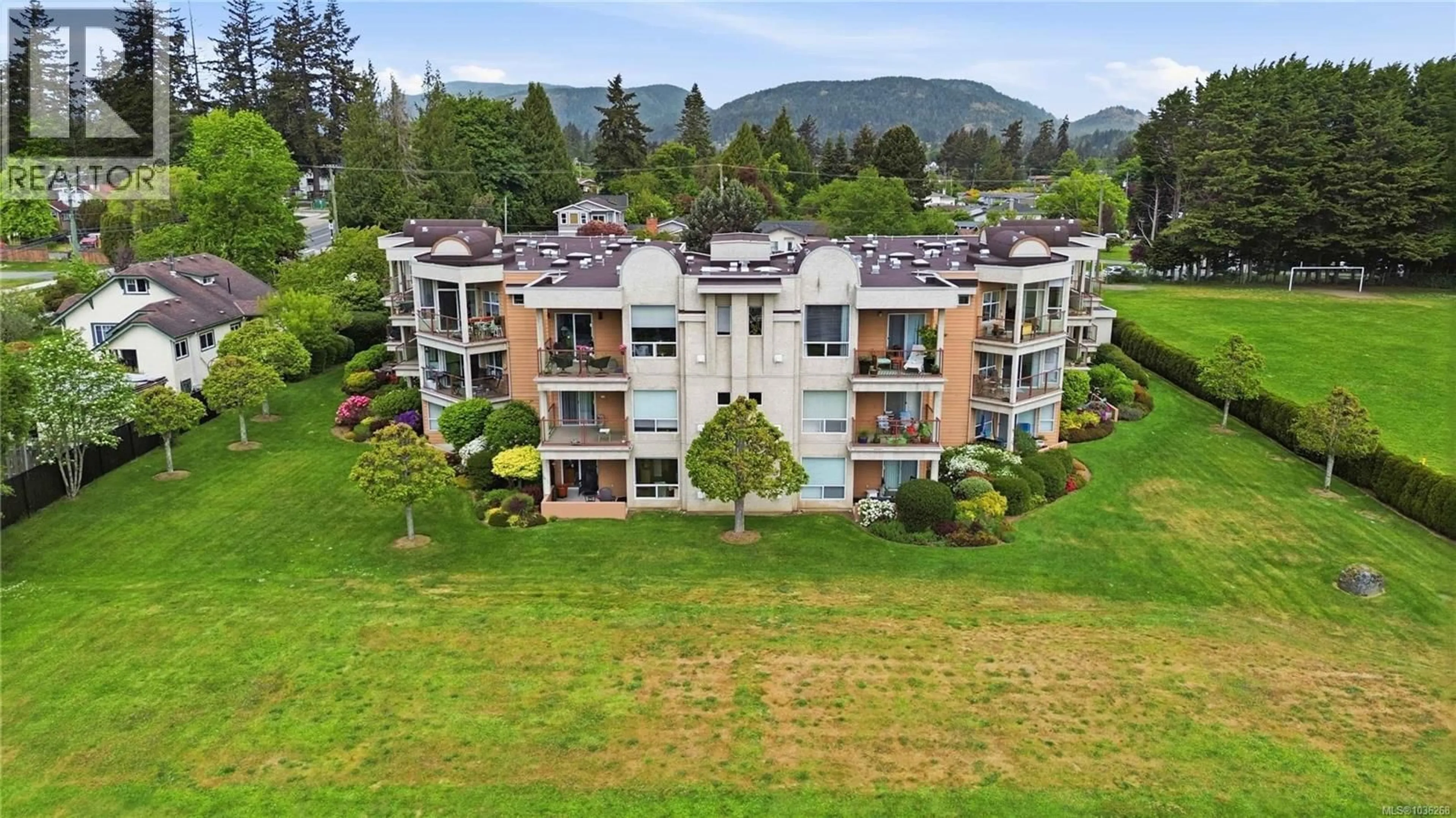 A pic from outside/outdoor area/front of a property/back of a property/a pic from drone, mountain view for 102 - 6585 COUNTRY ROAD, Sooke British Columbia V9Z0W8