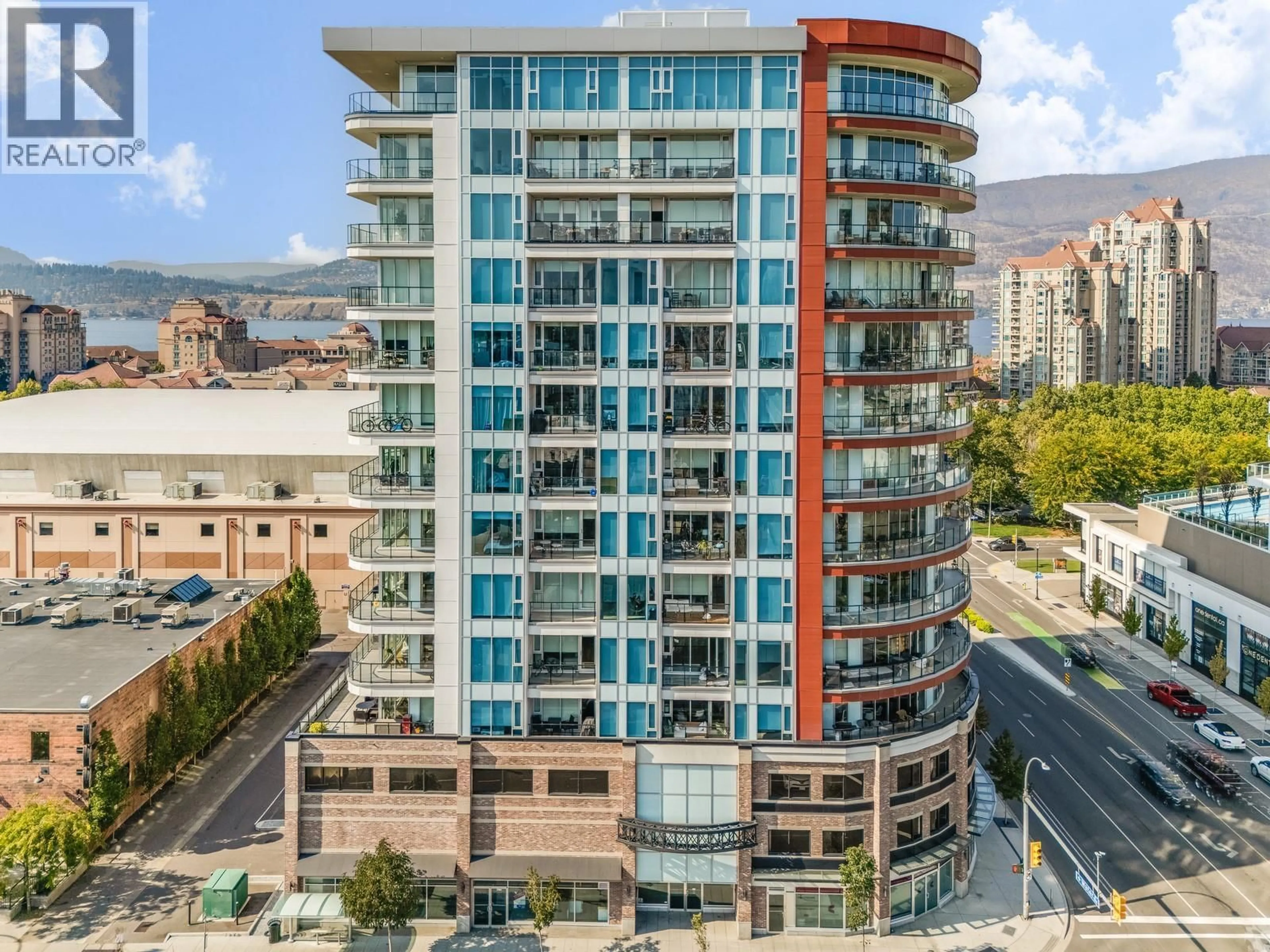 A pic from outside/outdoor area/front of a property/back of a property/a pic from drone, city buildings view from balcony for 506 - 1232 ELLIS STREET, Kelowna British Columbia V1Y0J6