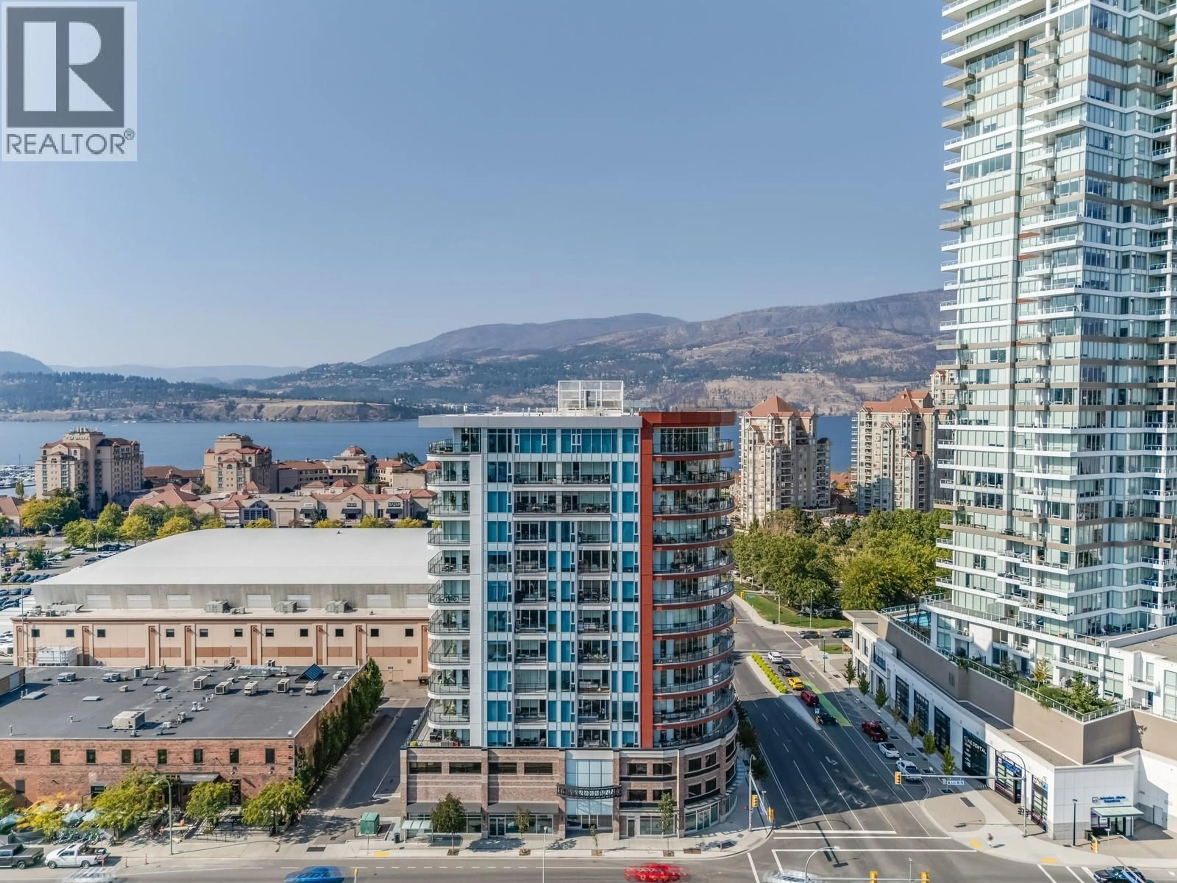 A pic from outside/outdoor area/front of a property/back of a property/a pic from drone, city buildings view from balcony for 506 - 1232 ELLIS STREET, Kelowna British Columbia V1Y0J6