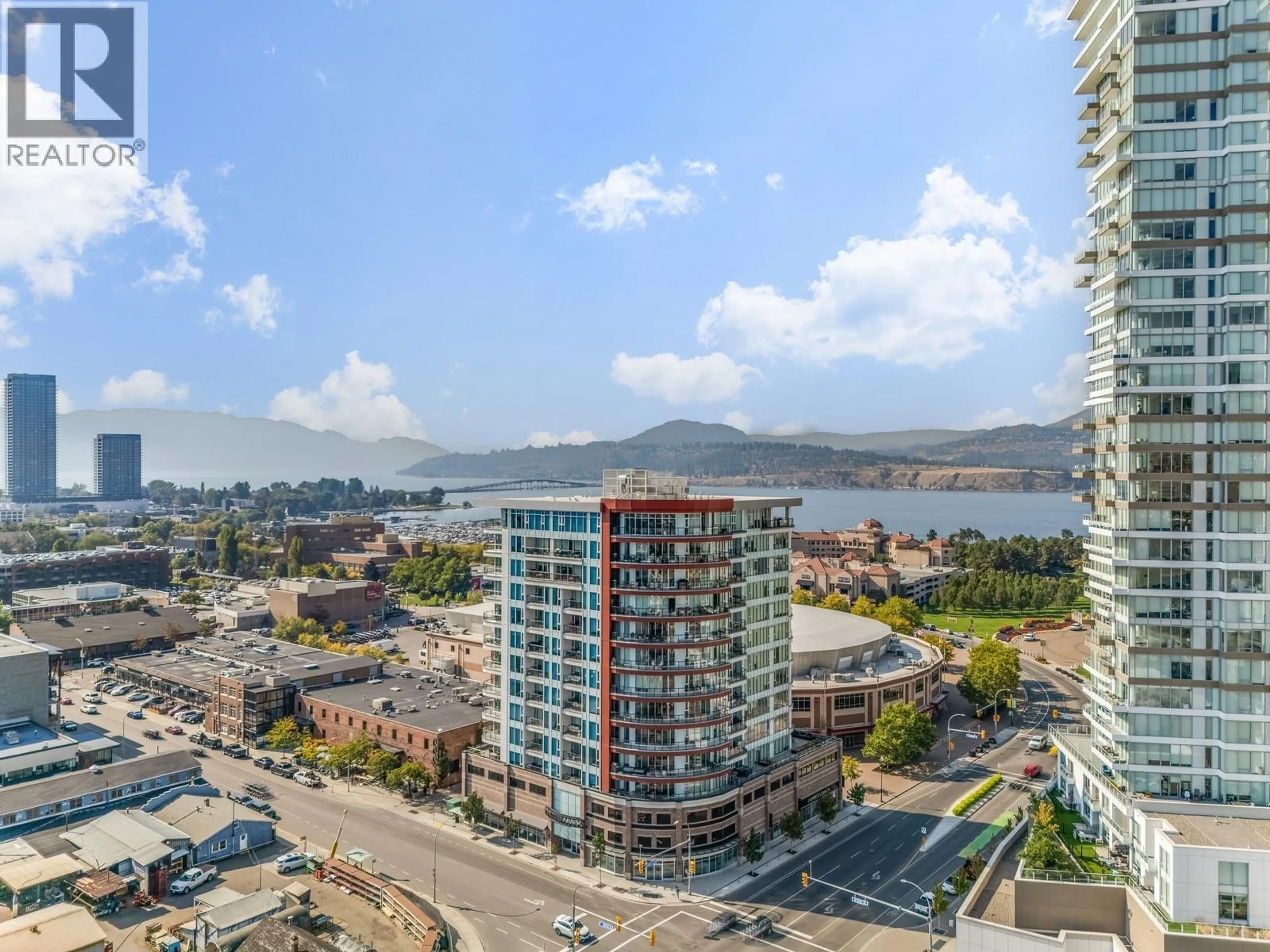 A pic from outside/outdoor area/front of a property/back of a property/a pic from drone, city buildings view from balcony for 506 - 1232 ELLIS STREET, Kelowna British Columbia V1Y0J6