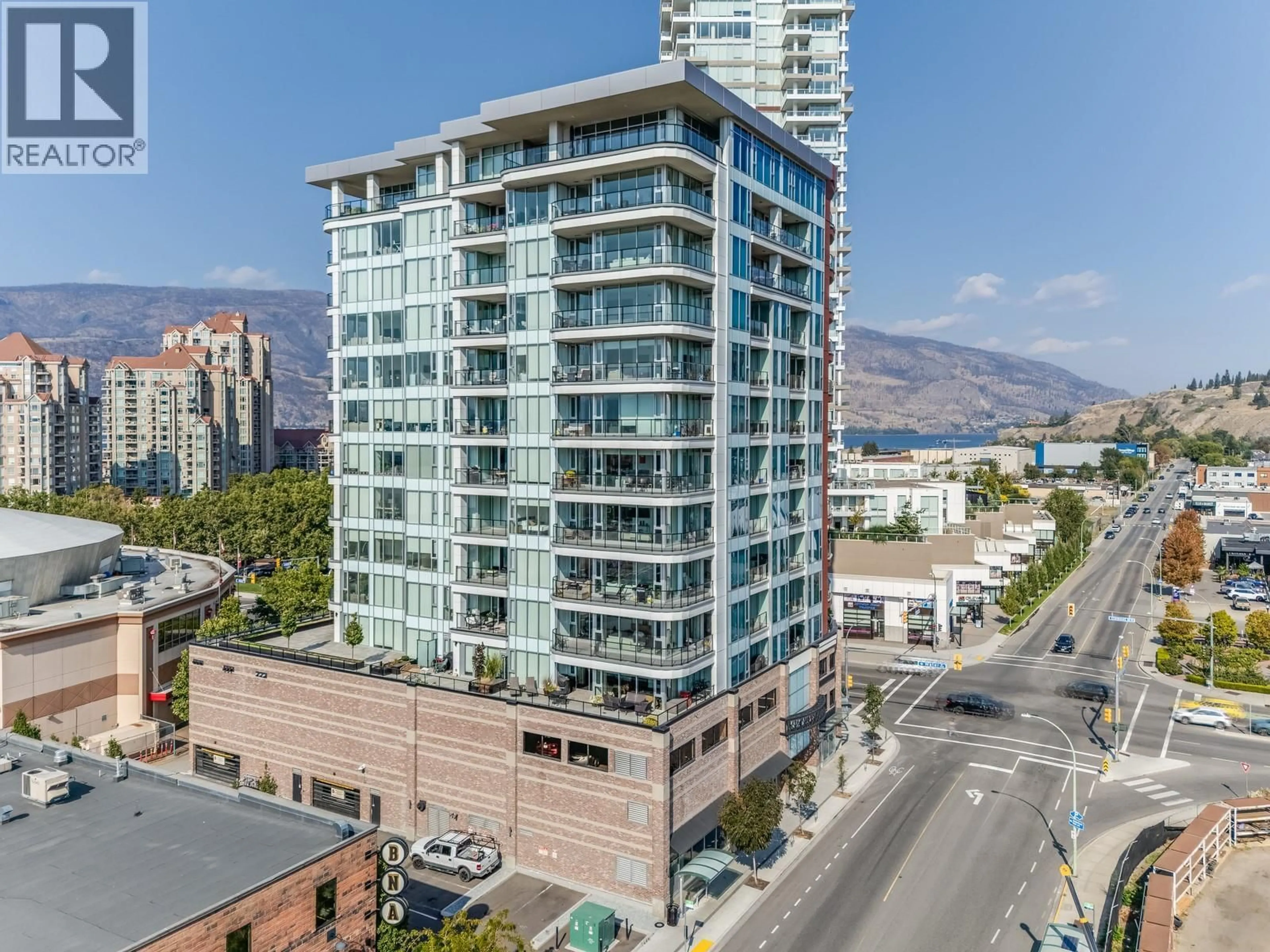 A pic from outside/outdoor area/front of a property/back of a property/a pic from drone, city buildings view from balcony for 506 - 1232 ELLIS STREET, Kelowna British Columbia V1Y0J6