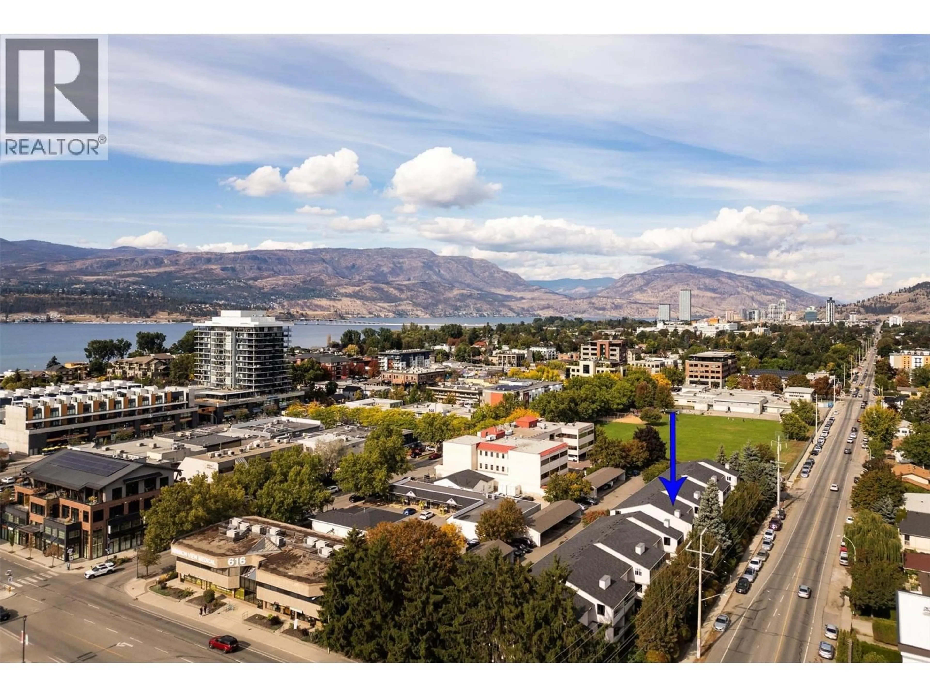 A pic from outside/outdoor area/front of a property/back of a property/a pic from drone, mountain view for 18 - 3000 RICHTER STREET, Kelowna British Columbia V1Y8M5