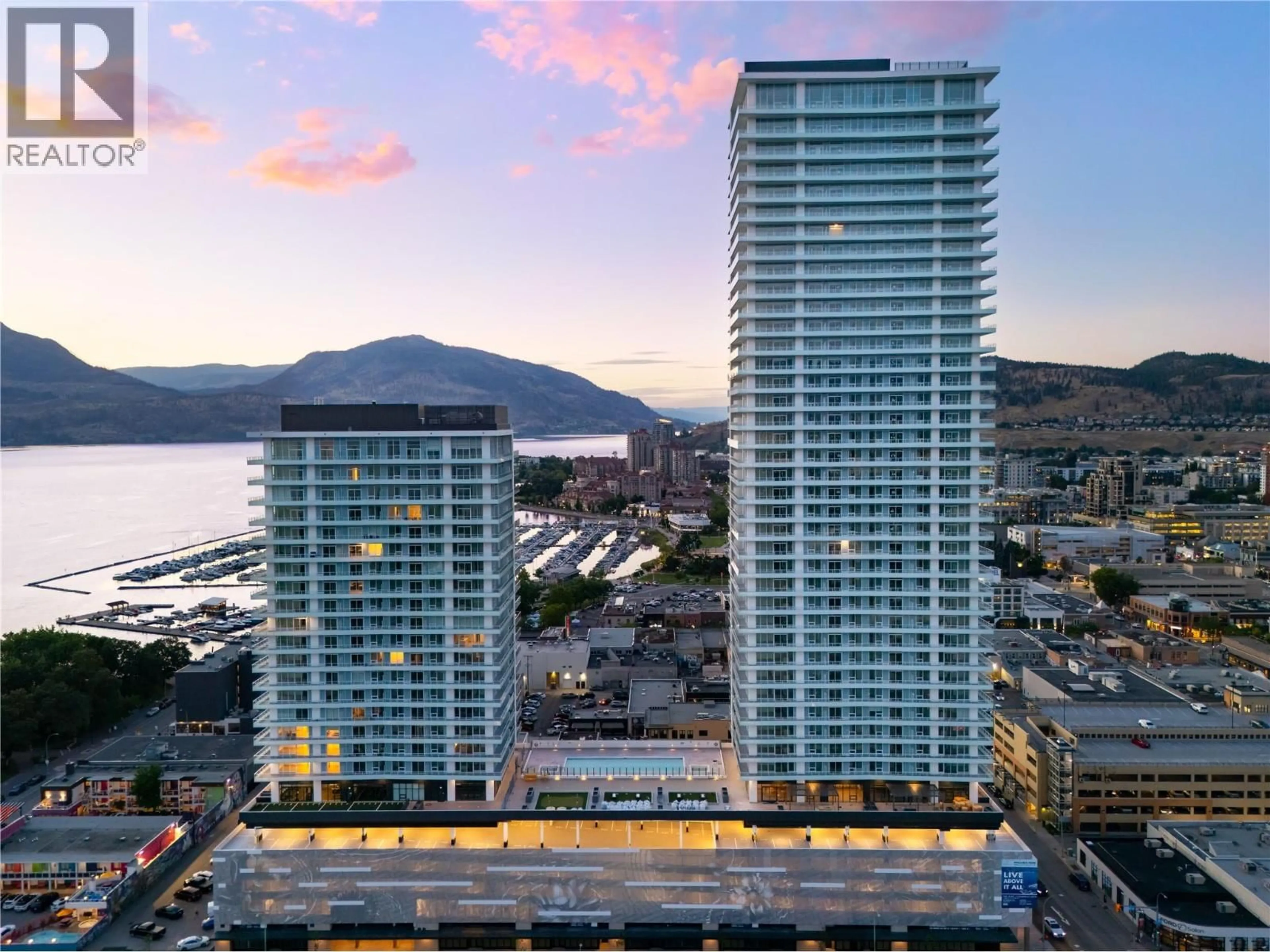 A pic from outside/outdoor area/front of a property/back of a property/a pic from drone, city buildings view from balcony for 707 - 238 LEON AVENUE, Kelowna British Columbia V1Y0N6