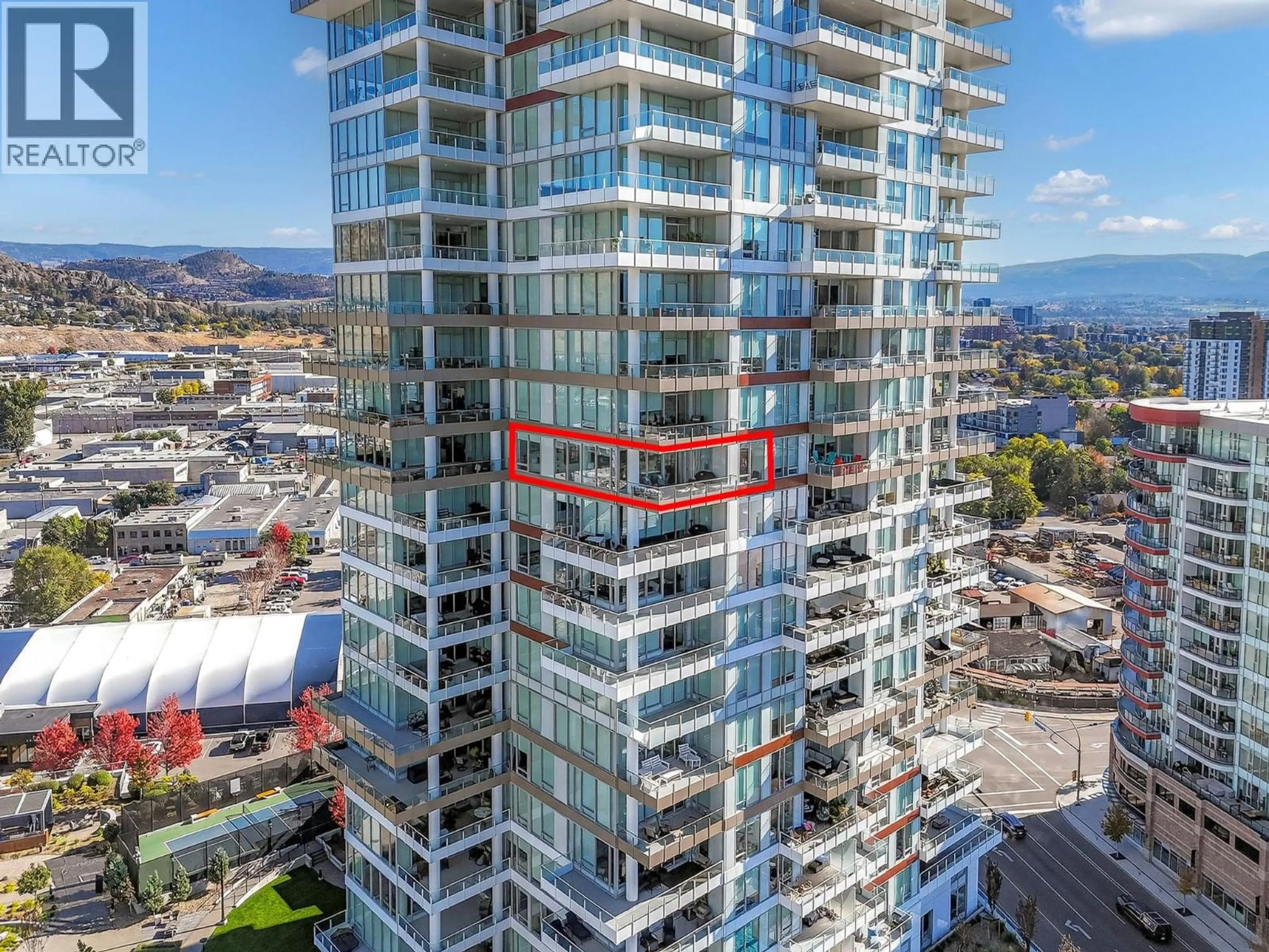A pic from outside/outdoor area/front of a property/back of a property/a pic from drone, city buildings view from balcony for 1605 - 1191 SUNSET DRIVE, Kelowna British Columbia V1Y0J4