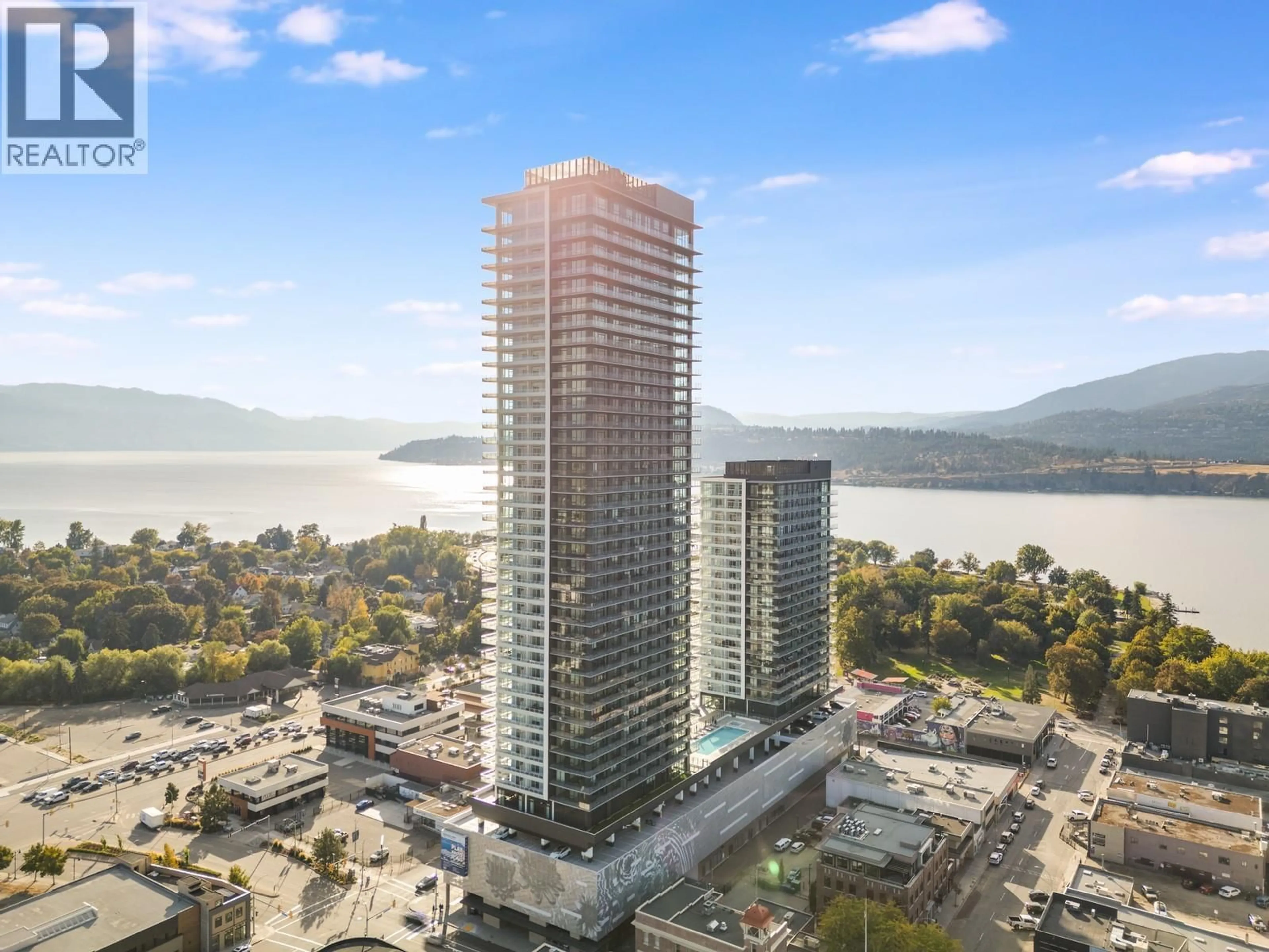 A pic from outside/outdoor area/front of a property/back of a property/a pic from drone, water/lake/river/ocean view for 1104 - 238 LEON AVENUE, Kelowna British Columbia V1Y0N6