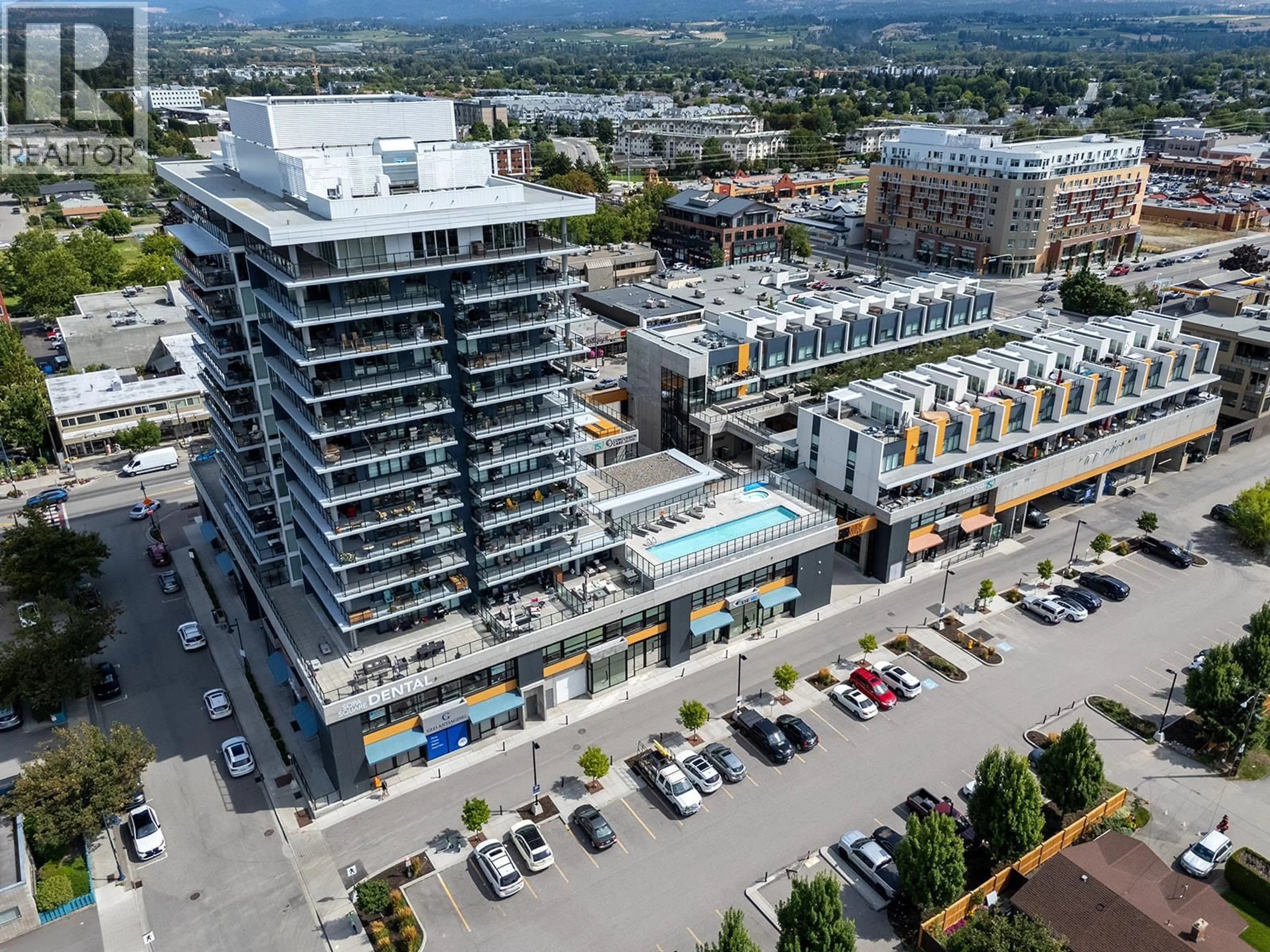 A pic from outside/outdoor area/front of a property/back of a property/a pic from drone, city buildings view from balcony for 1201 - 485 GROVES AVENUE, Kelowna British Columbia V1Y0C1