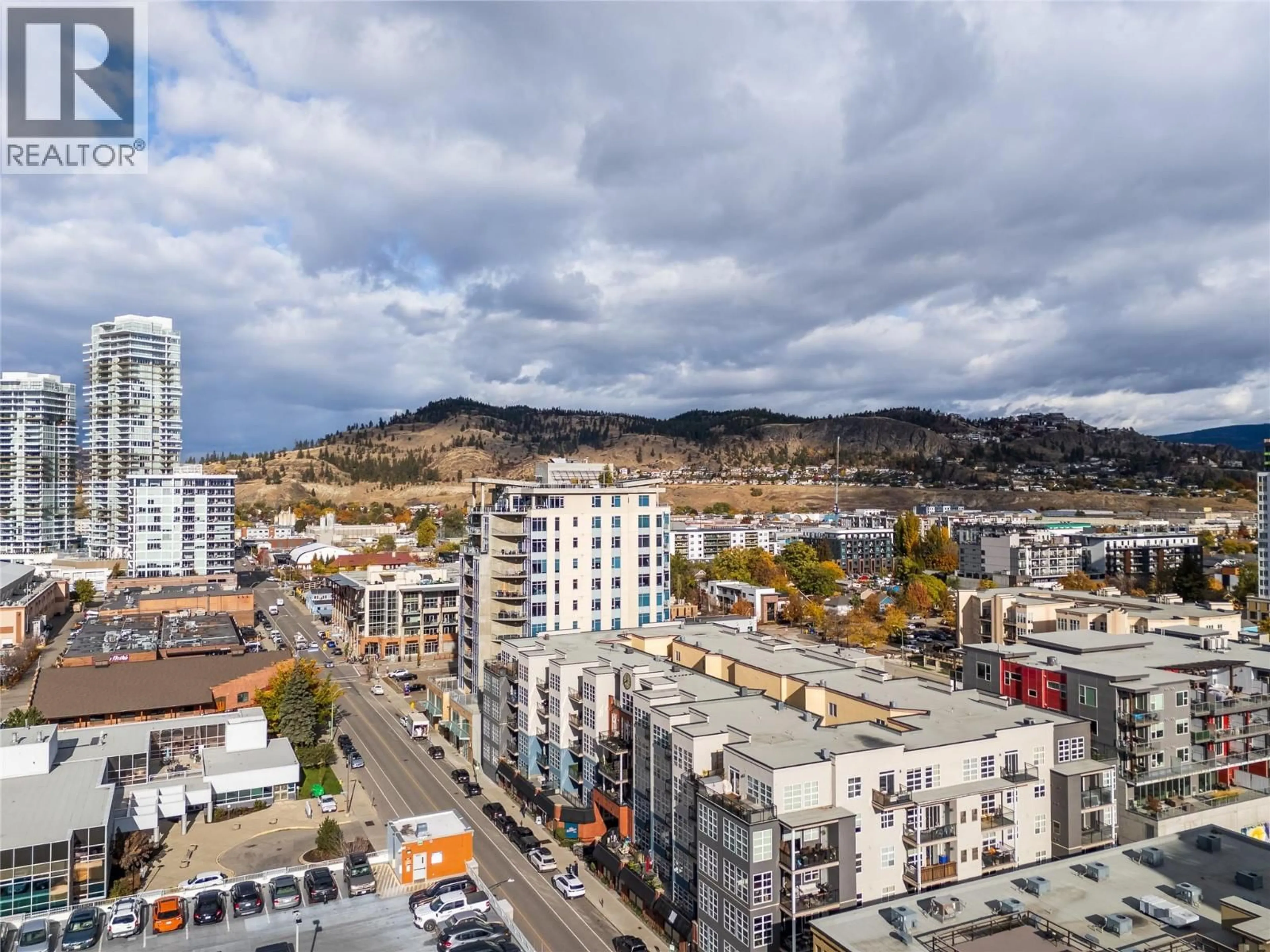A pic from outside/outdoor area/front of a property/back of a property/a pic from drone, city buildings view from balcony for 423 - 1331 ELLIS STREET, Kelowna British Columbia V1Y1Z9