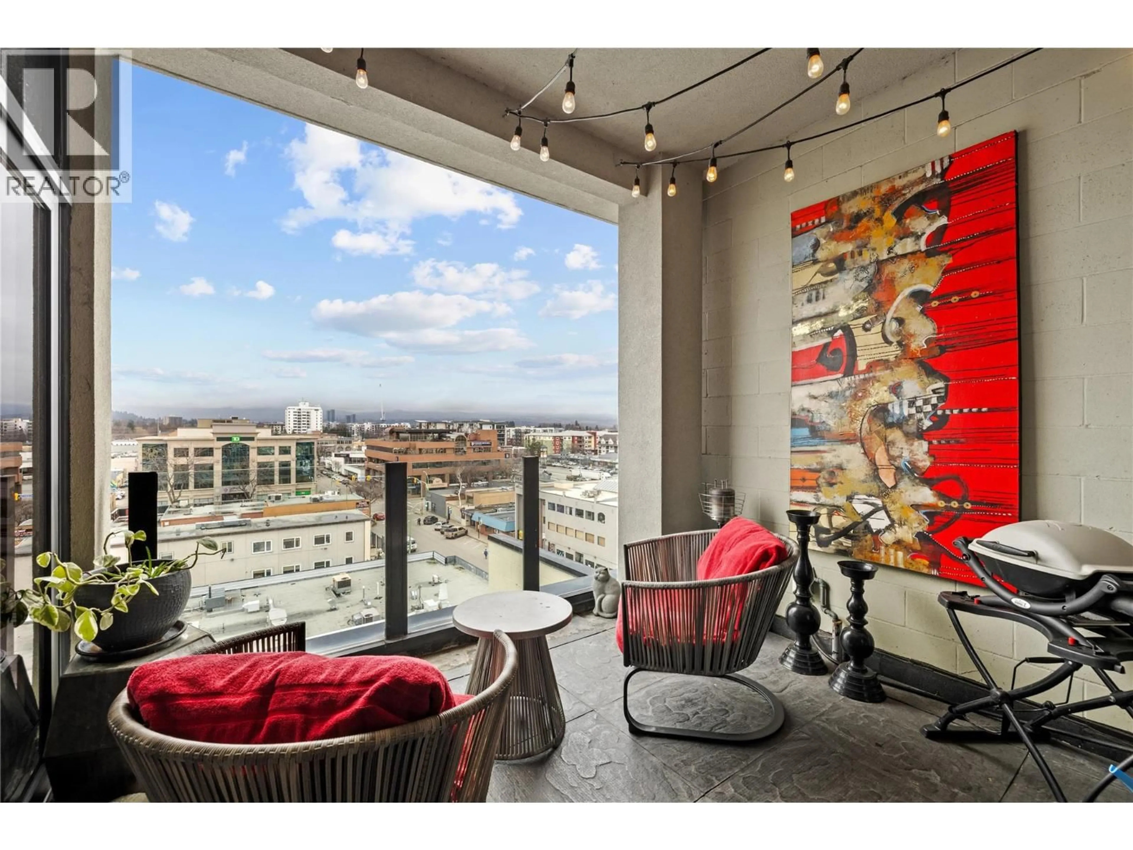 Patio, city buildings view from balcony for 605 - 1630 PANDOSY STREET, Kelowna British Columbia V1Y1P7