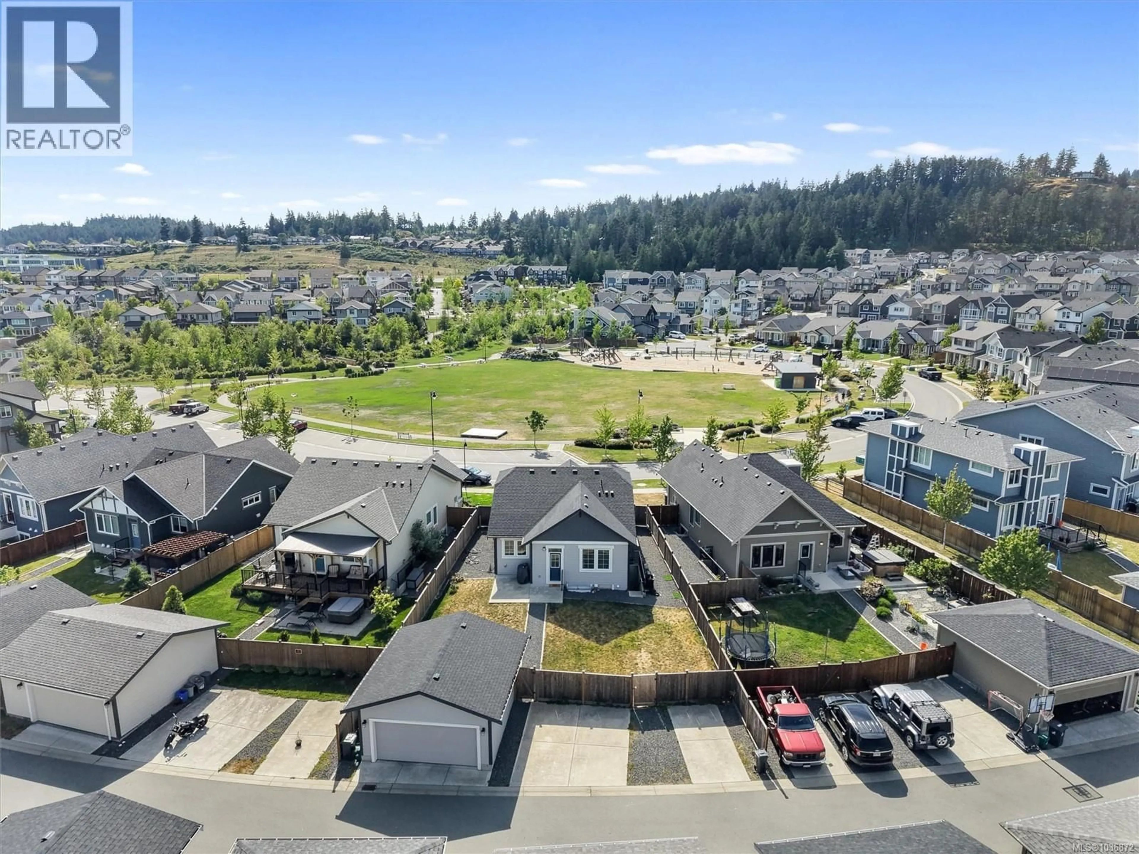 A pic from outside/outdoor area/front of a property/back of a property/a pic from drone, mountain view for 3334 TRUMPETER STREET, Colwood British Columbia V9C0P9