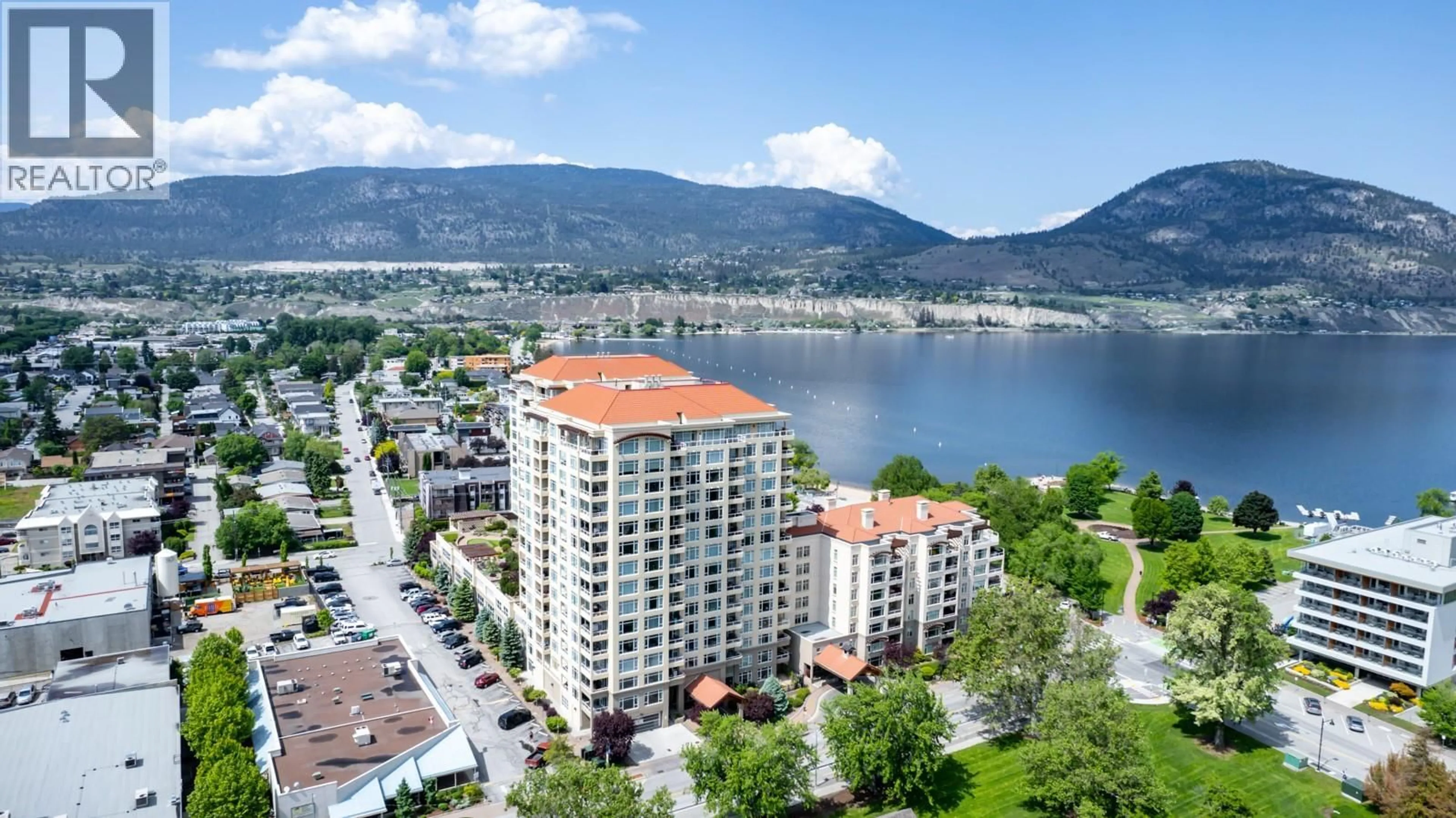 A pic from outside/outdoor area/front of a property/back of a property/a pic from drone, water/lake/river/ocean view for 1402 - 75 MARTIN STREET, Penticton British Columbia V2A9C8