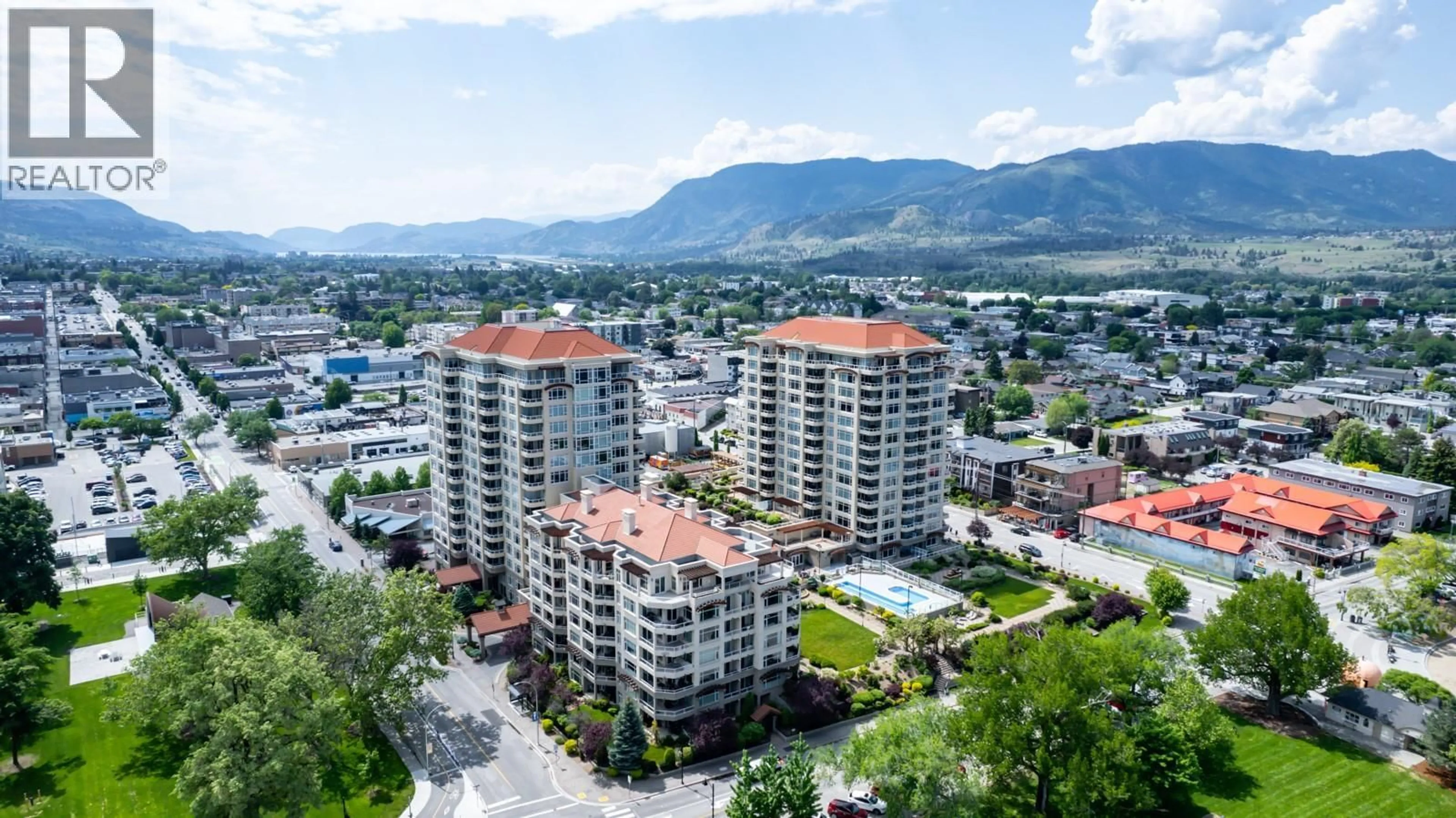 A pic from outside/outdoor area/front of a property/back of a property/a pic from drone, city buildings view from balcony for 1402 - 75 MARTIN STREET, Penticton British Columbia V2A9C8