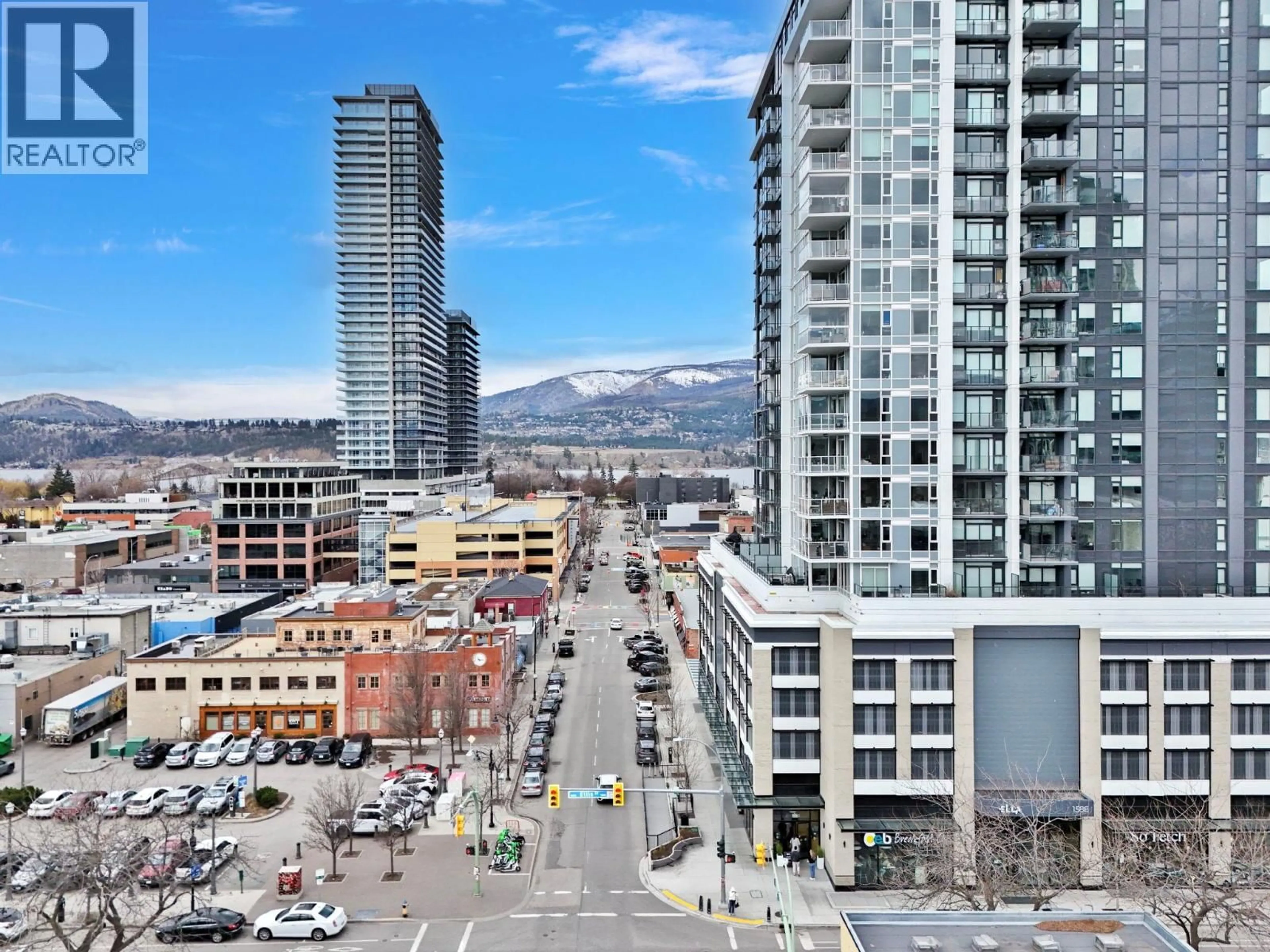 A pic from outside/outdoor area/front of a property/back of a property/a pic from drone, city buildings view from balcony for 701 - 1588 ELLIS STREET, Kelowna British Columbia V1Y8L1