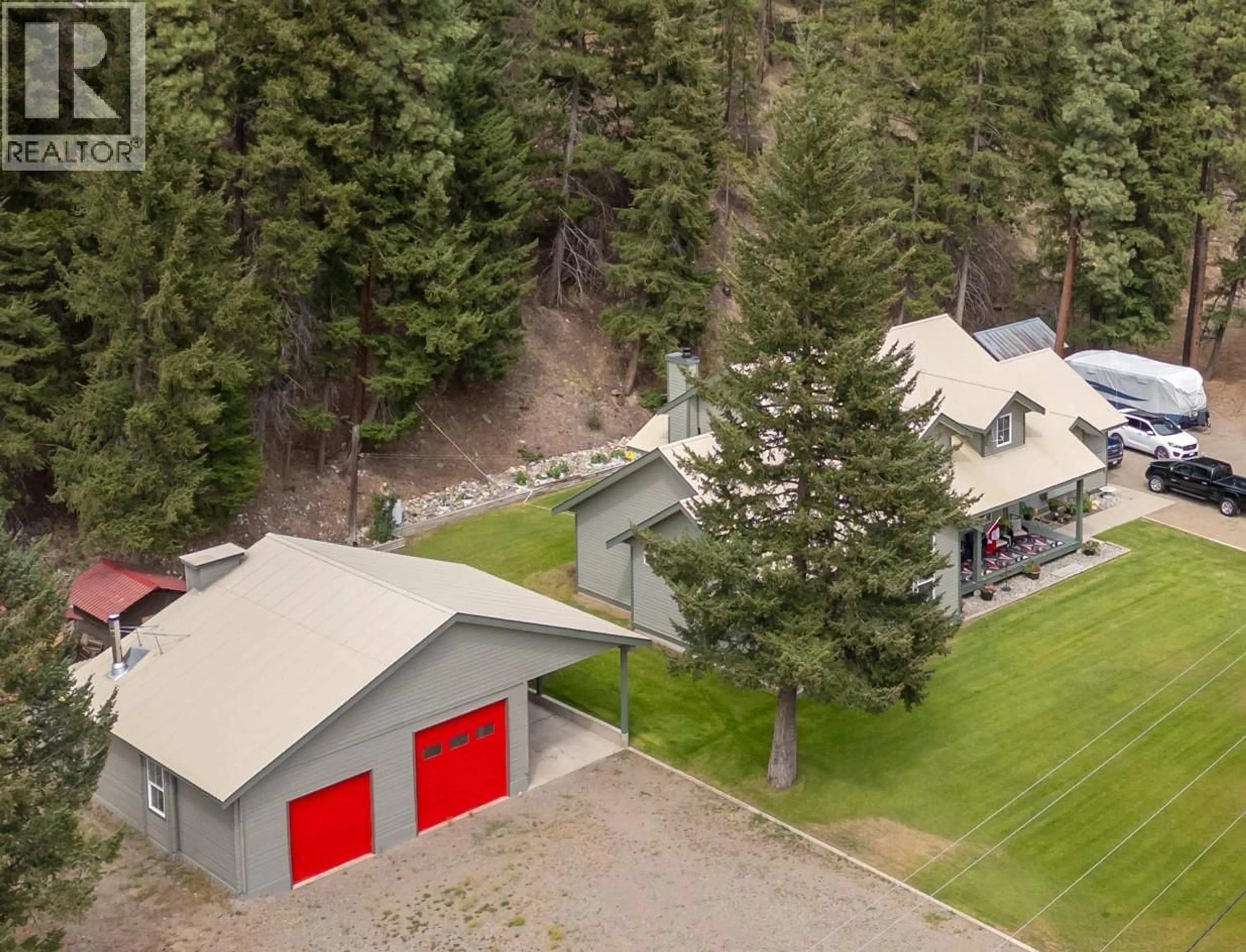 A pic from outside/outdoor area/front of a property/back of a property/a pic from drone, mountain view for 2454 COALMONT ROAD, Tulameen British Columbia V0X0A0