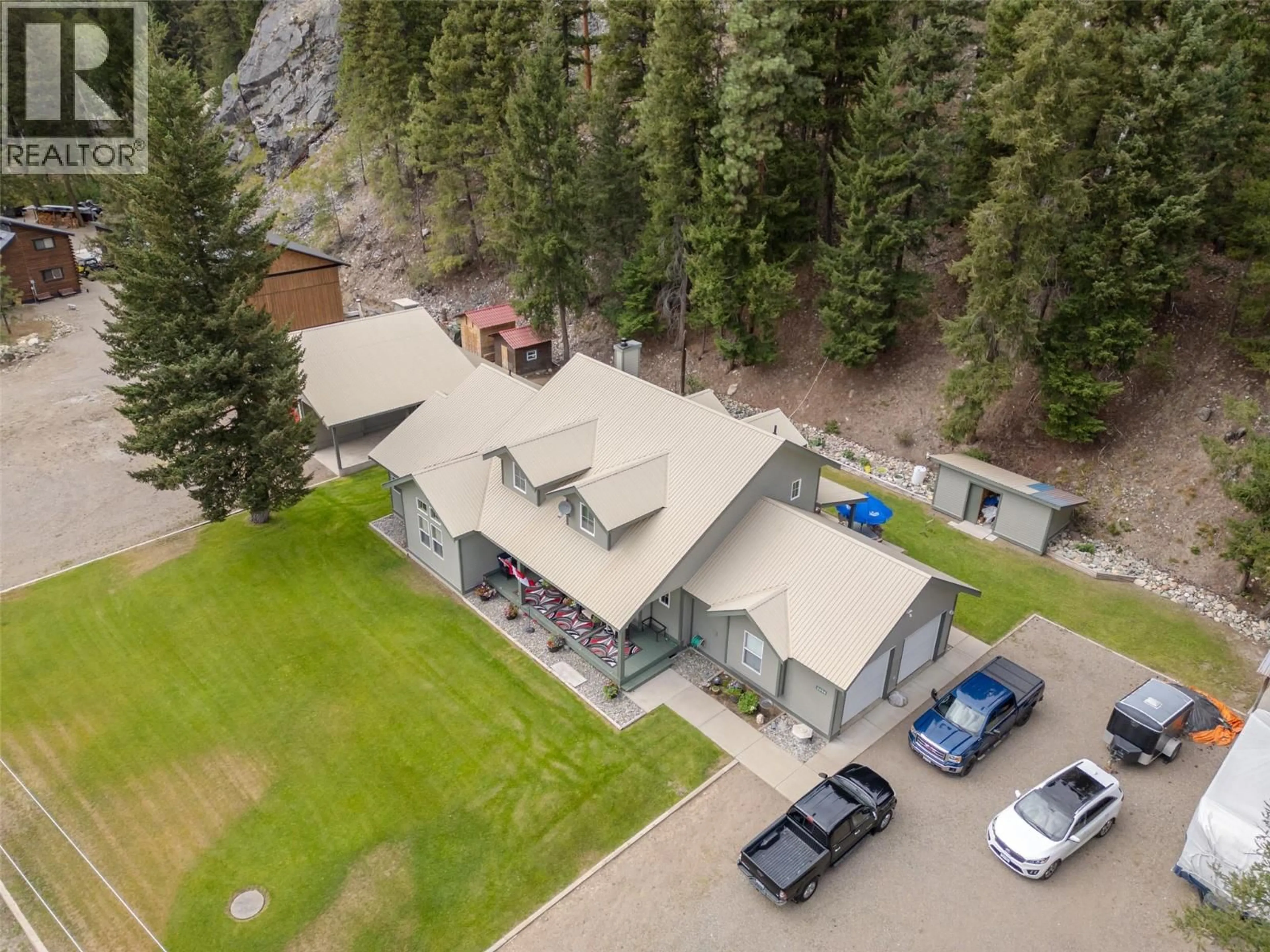 A pic from outside/outdoor area/front of a property/back of a property/a pic from drone, mountain view for 2454 COALMONT ROAD, Tulameen British Columbia V0X0A0