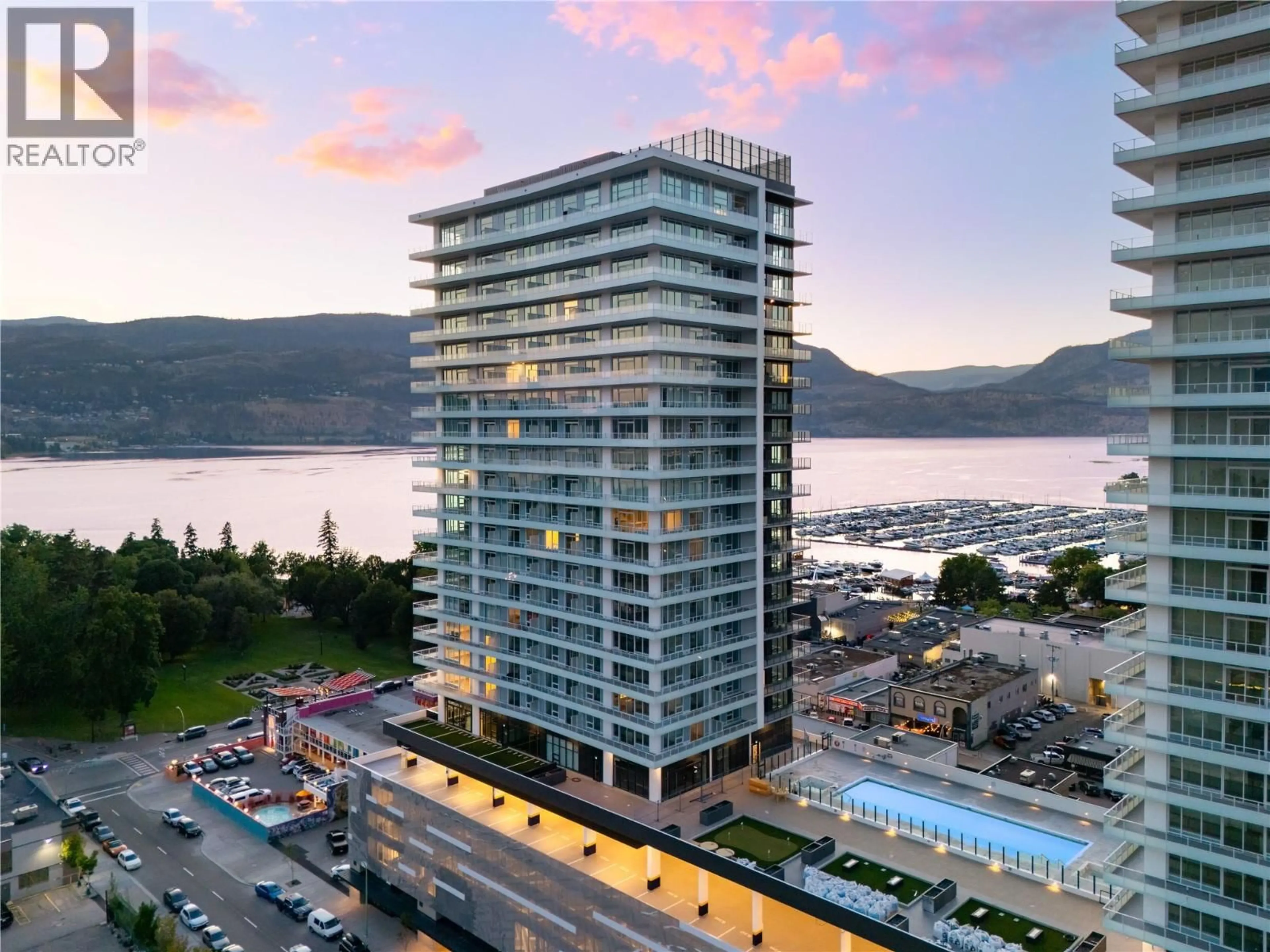 A pic from outside/outdoor area/front of a property/back of a property/a pic from drone, water/lake/river/ocean view for 707 - 238 LEON AVENUE, Kelowna British Columbia V1Y0N6