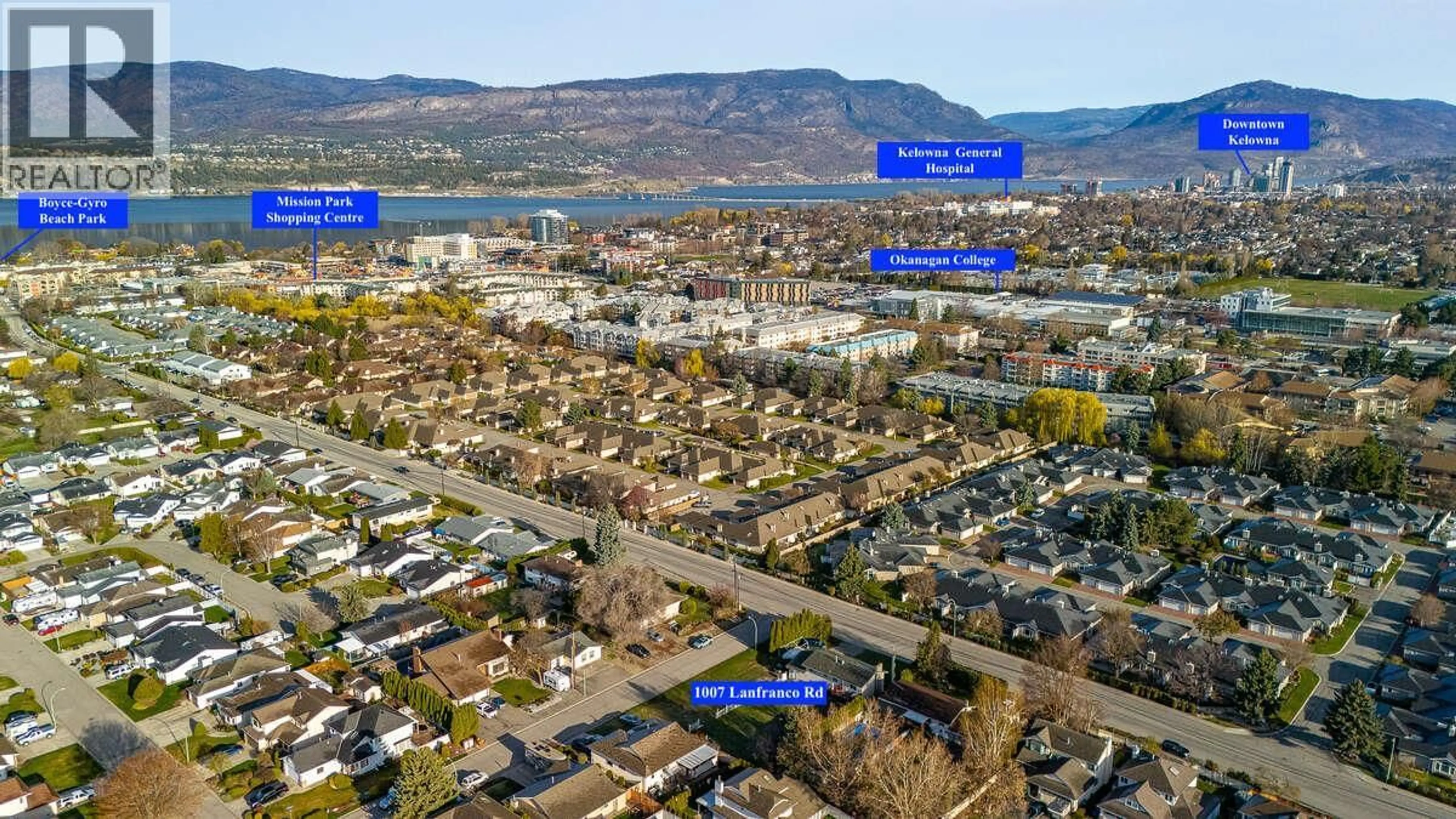 A pic from outside/outdoor area/front of a property/back of a property/a pic from drone, street for 1007 LANFRANCO ROAD, Kelowna British Columbia V1W3X2