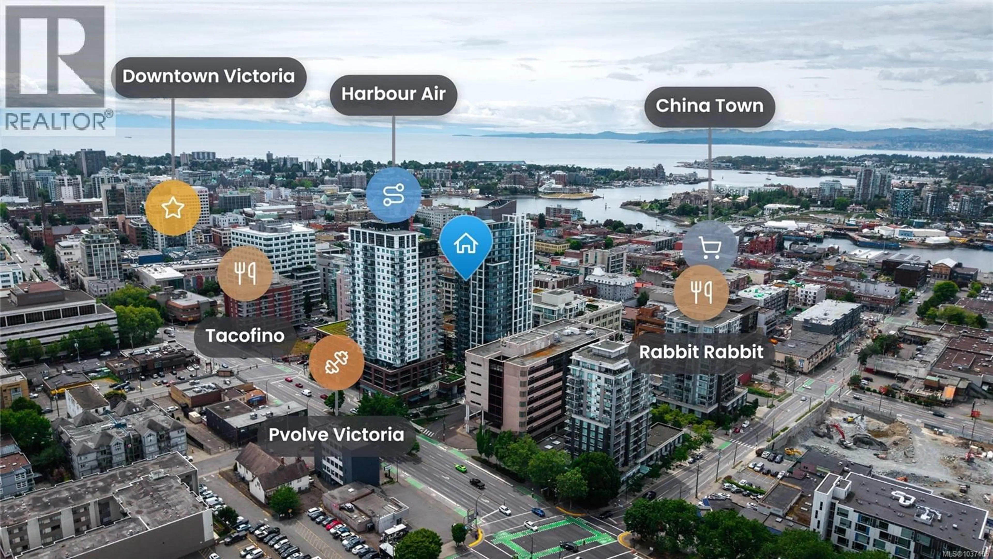 A pic from outside/outdoor area/front of a property/back of a property/a pic from drone, city buildings view from balcony for 1707 - 777 HERALD STREET, Victoria British Columbia V8T0C7