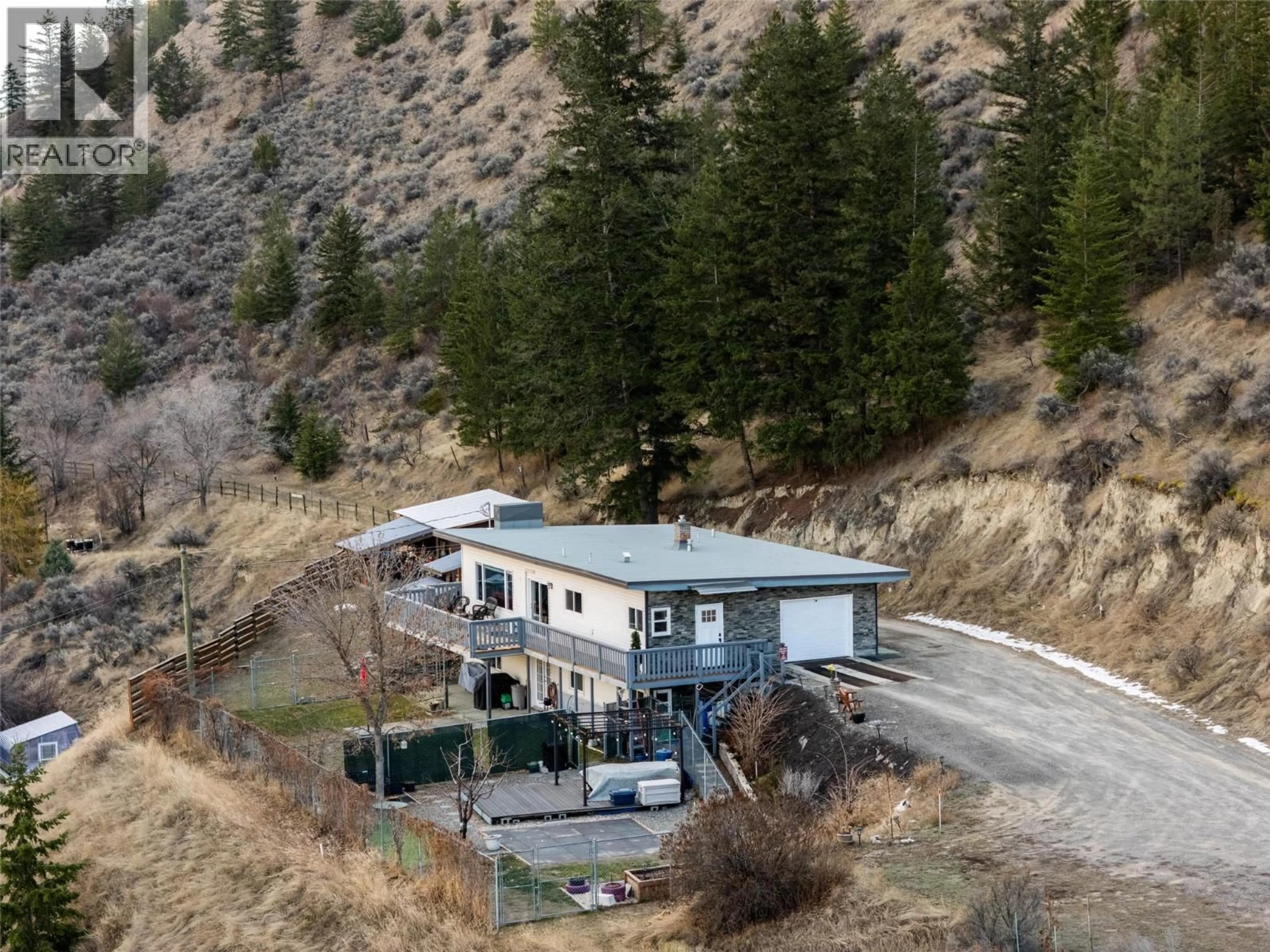A pic from outside/outdoor area/front of a property/back of a property/a pic from drone, mountain view for 6411 DALLAS DRIVE, Kamloops British Columbia V2C4X6