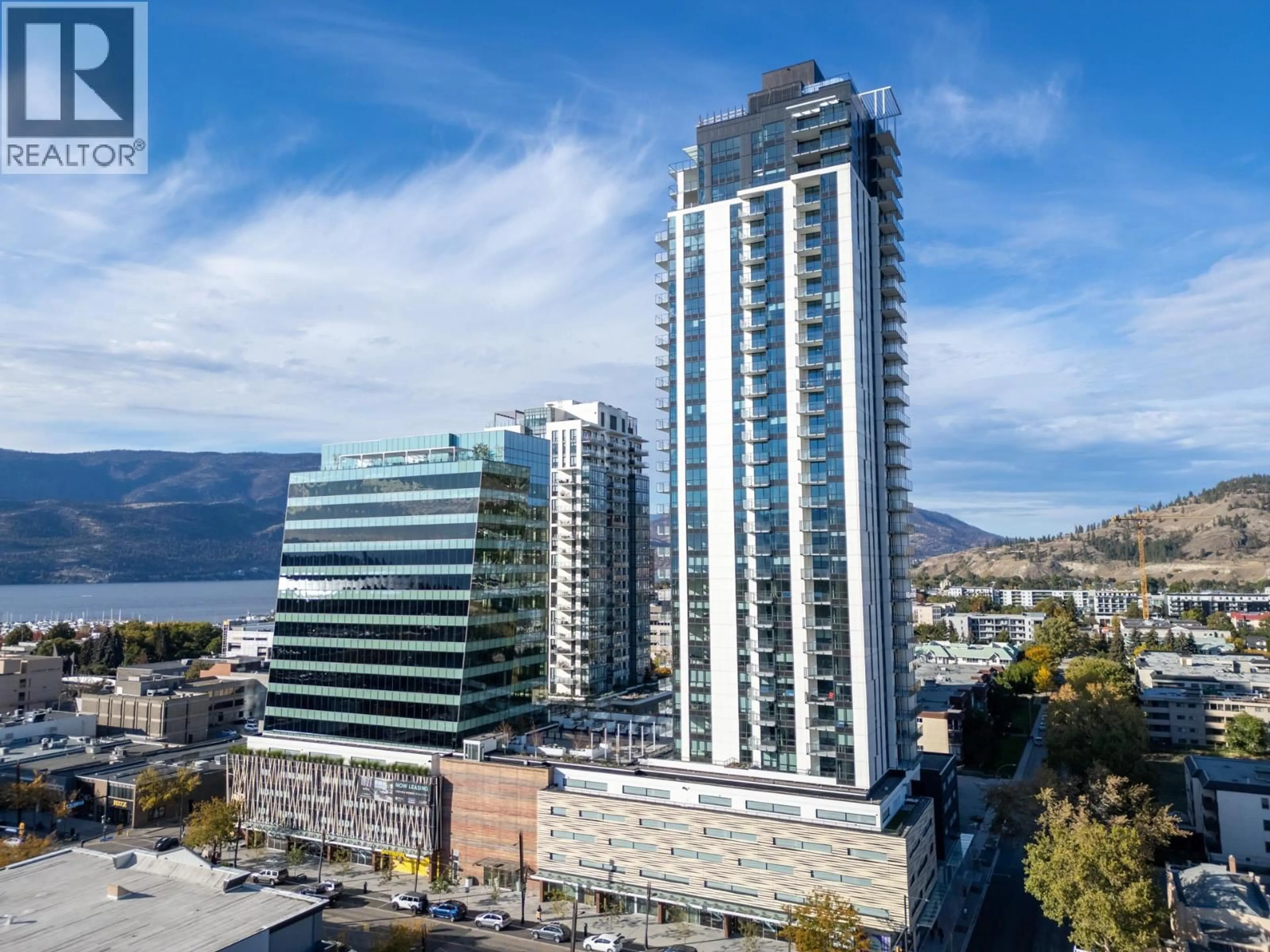 A pic from outside/outdoor area/front of a property/back of a property/a pic from drone, city buildings view from balcony for 805 - 1488 BERTRAM STREET, Kelowna British Columbia V1Y0M6