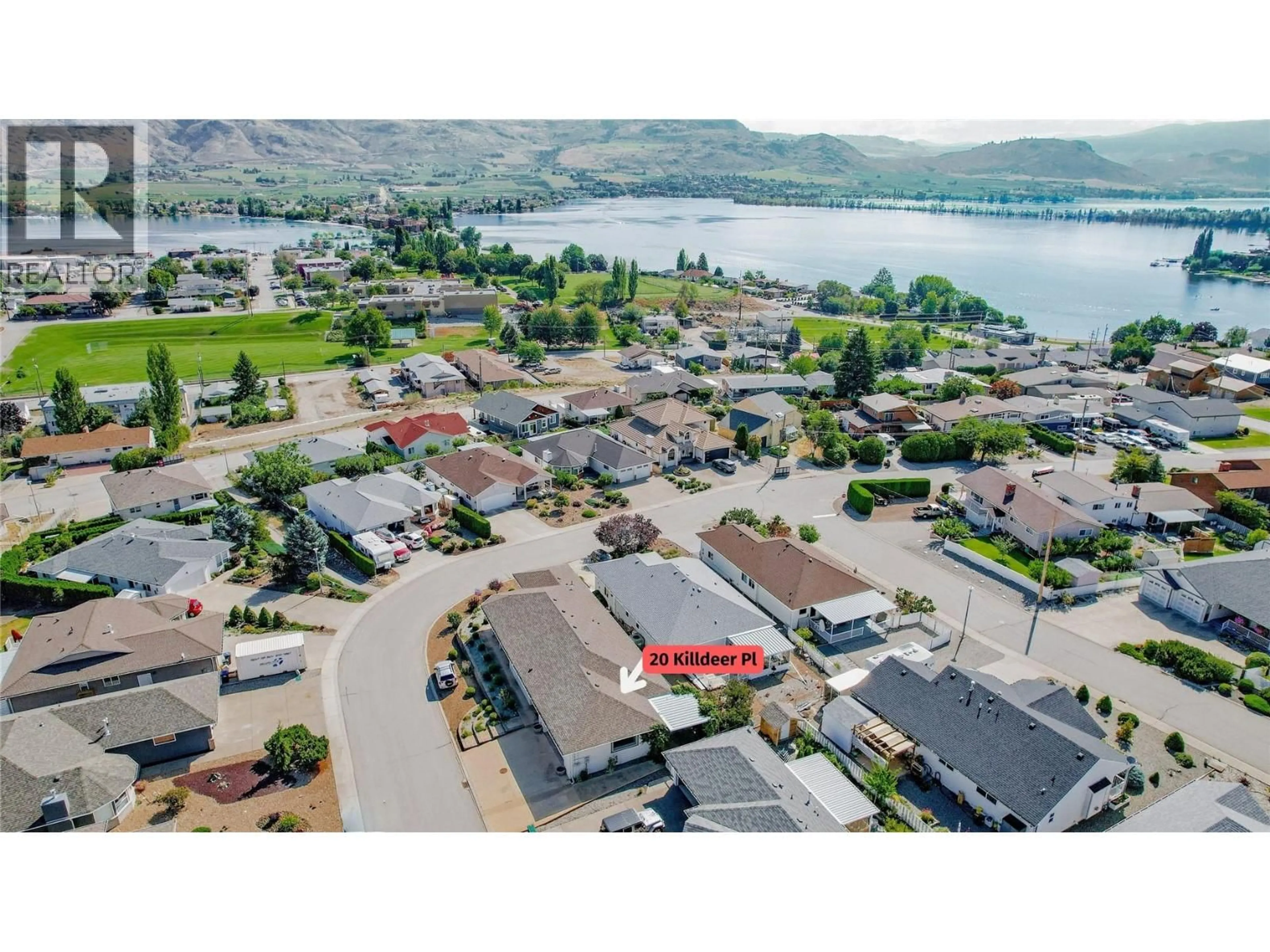 A pic from outside/outdoor area/front of a property/back of a property/a pic from drone, water/lake/river/ocean view for 20 KILLDEER PLACE, Osoyoos British Columbia V0H1V5