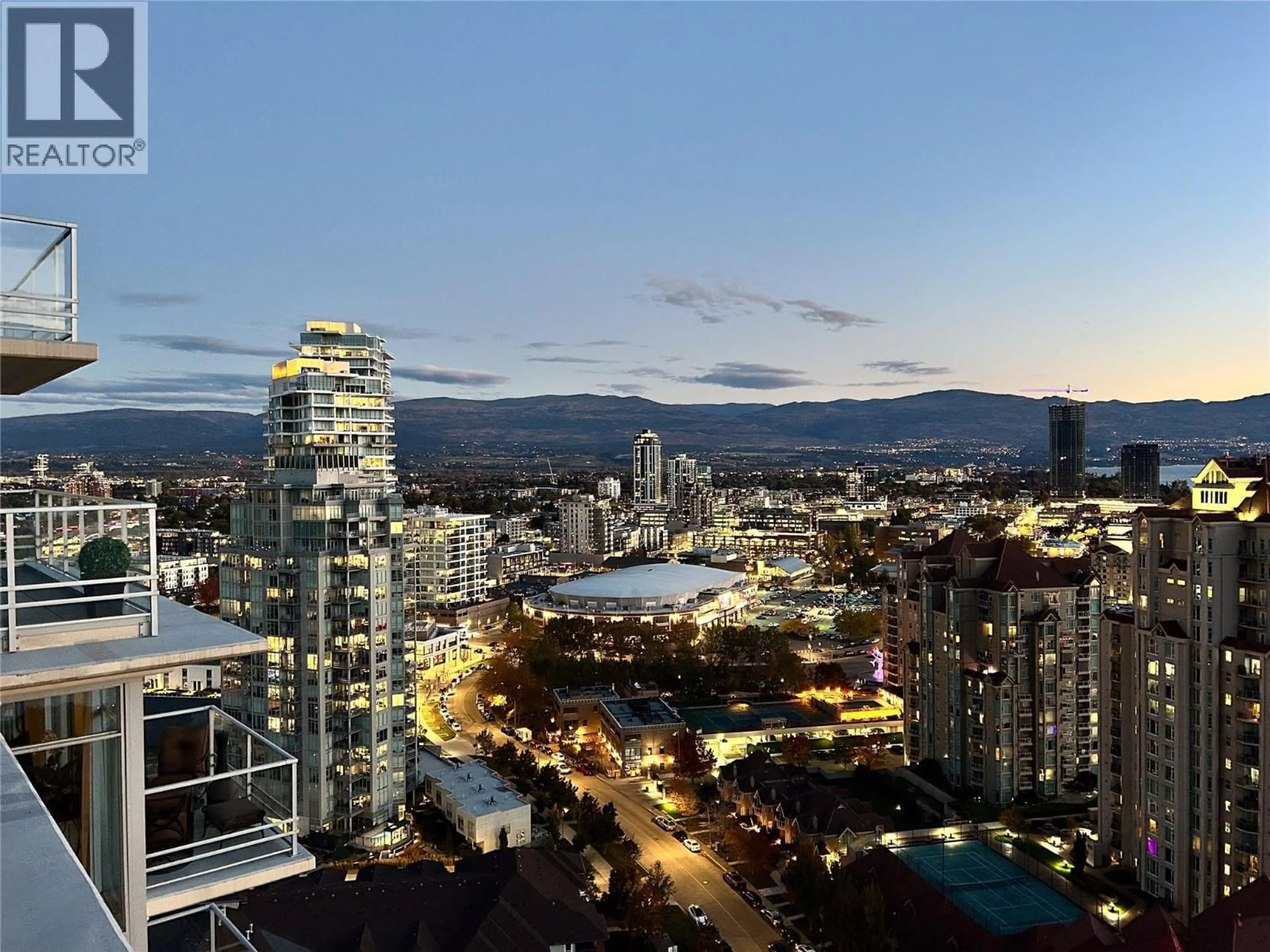 A pic from outside/outdoor area/front of a property/back of a property/a pic from drone, city buildings view from balcony for 2604 - 1075 SUNSET DRIVE, Kelowna British Columbia V1Y9Y9