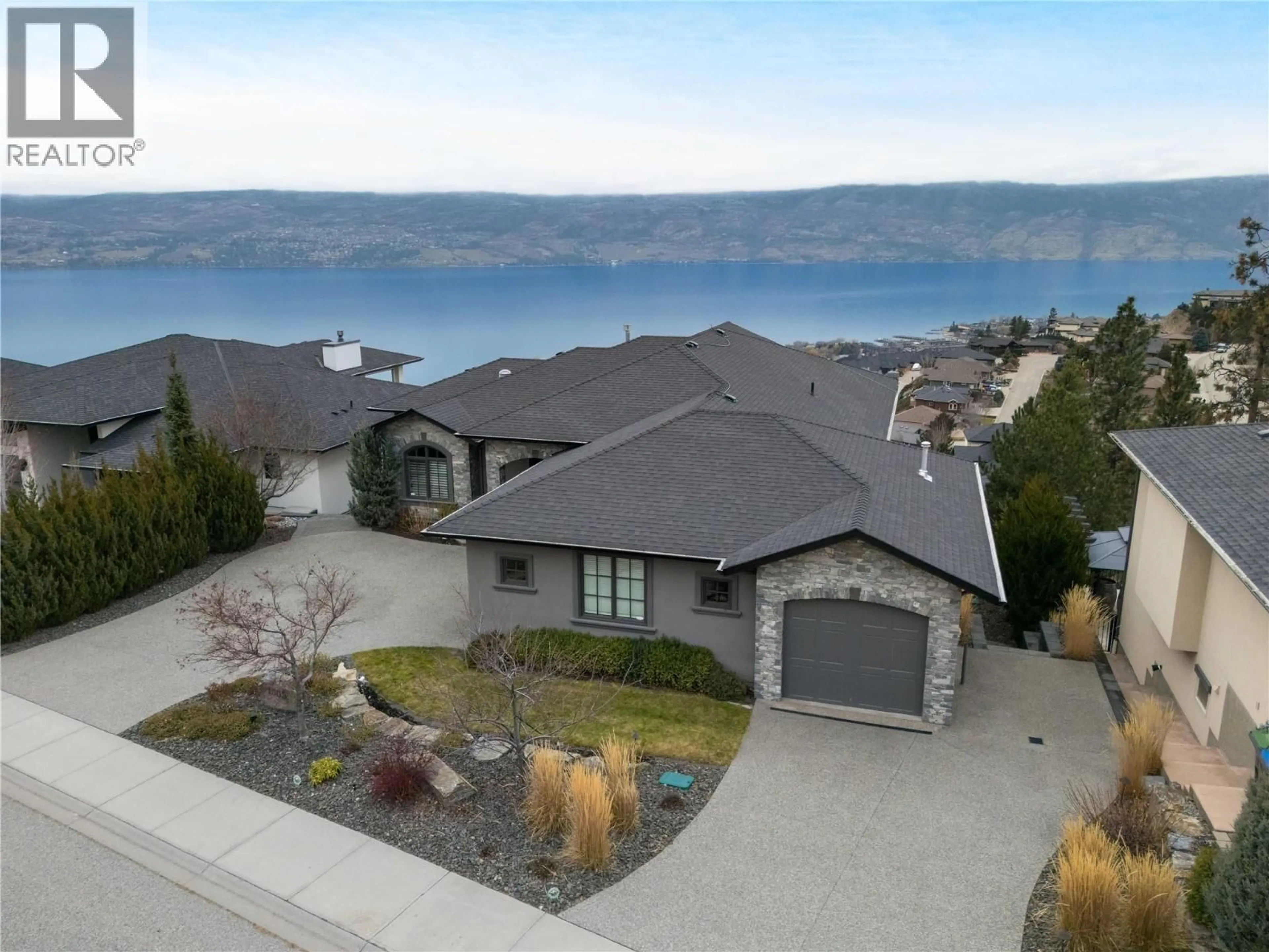 A pic from outside/outdoor area/front of a property/back of a property/a pic from drone, water/lake/river/ocean view for 1505 PINOT NOIR DRIVE, West Kelowna British Columbia V4T3B4