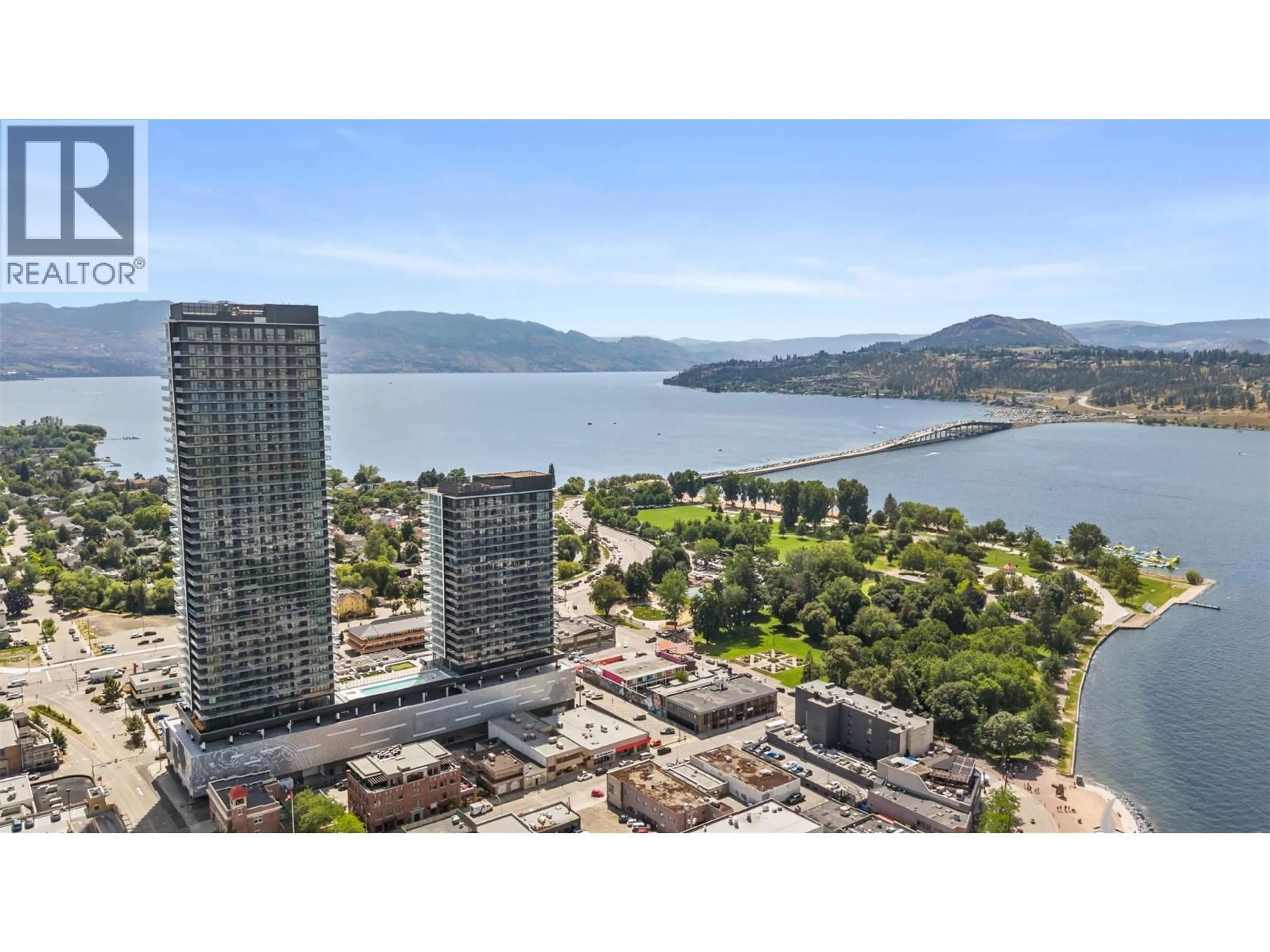 A pic from outside/outdoor area/front of a property/back of a property/a pic from drone, water/lake/river/ocean view for 1505 - 238 LEON AVENUE, Kelowna British Columbia V1Y6H9